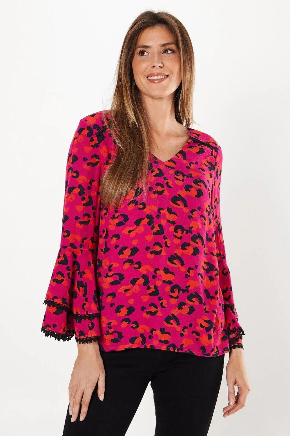 Pink Leopard Print Double Fluted Sleeve Top