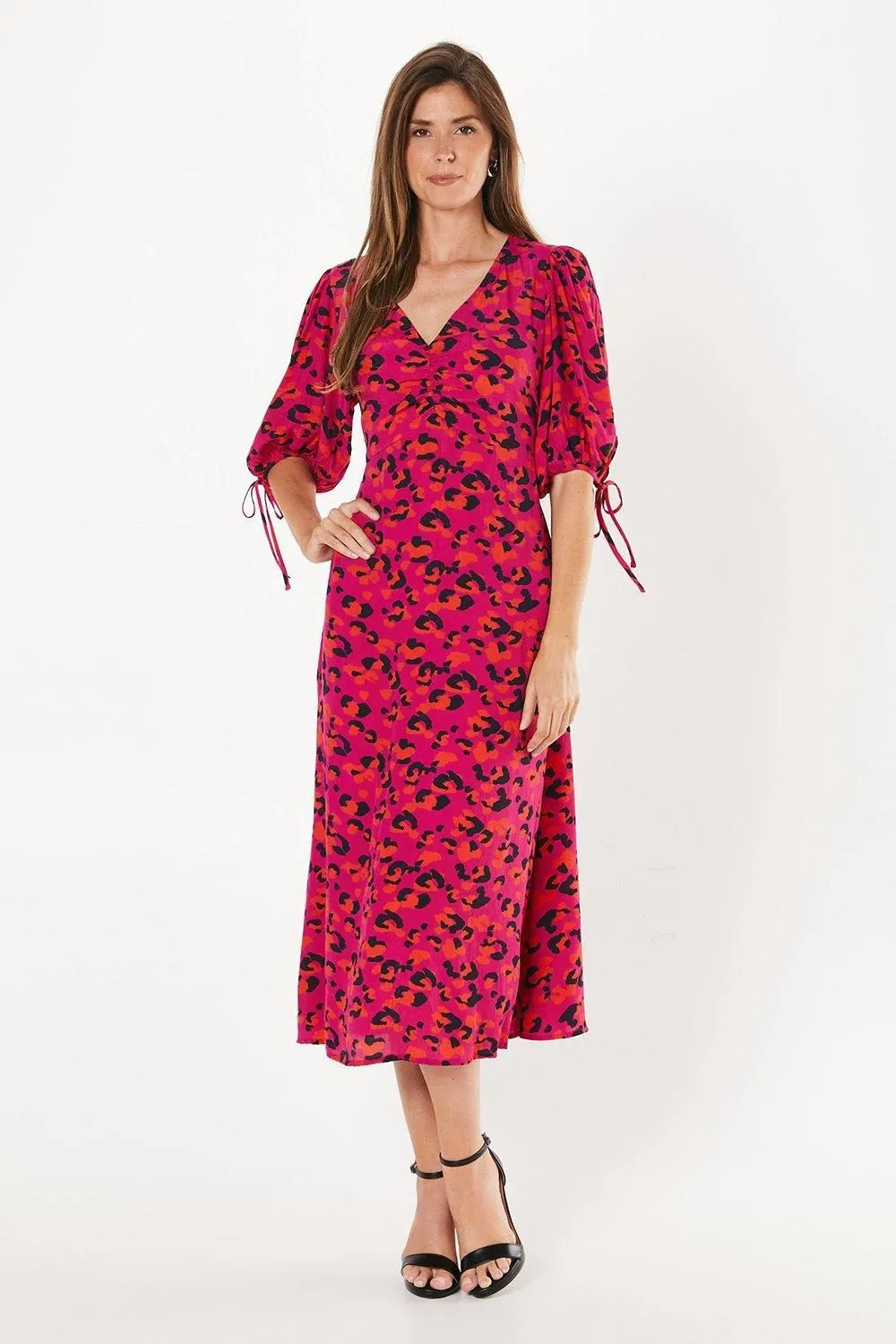 Pink Leopard Print Ruched Detail Puff Sleeve Midi Dress