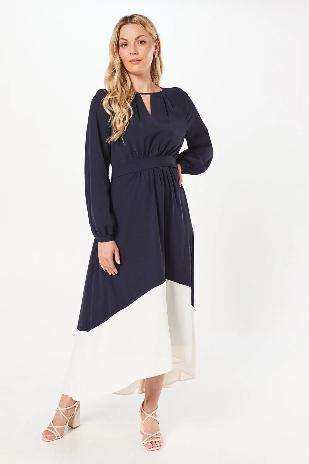 Colour Block Belted High Low Maxi Dress