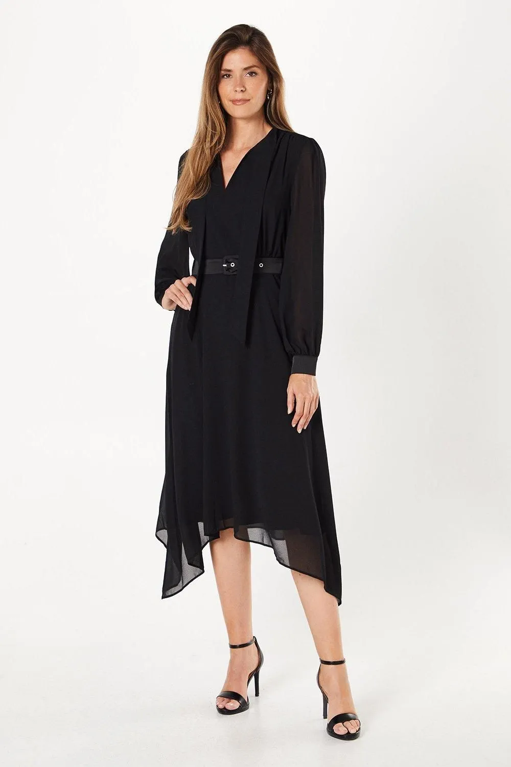 Chiffon Tie Satin Cuff Maxi Dress