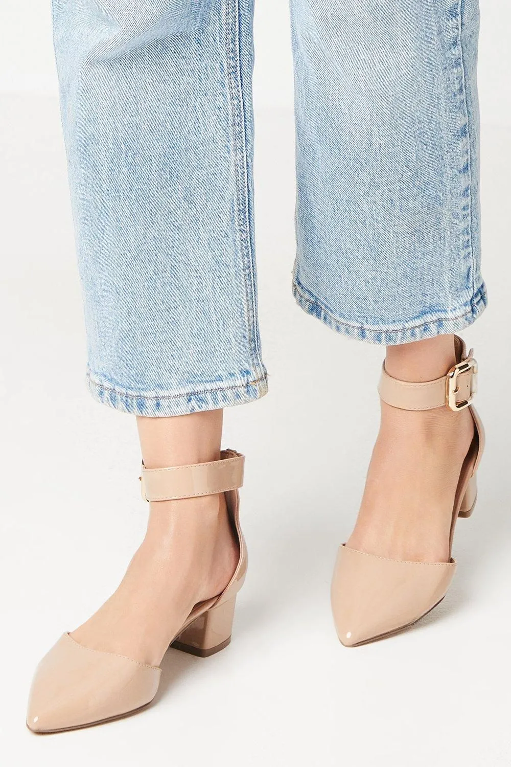 Wide Fit Derby Buckle Detail Medium Block Heel Pointed Court Shoes