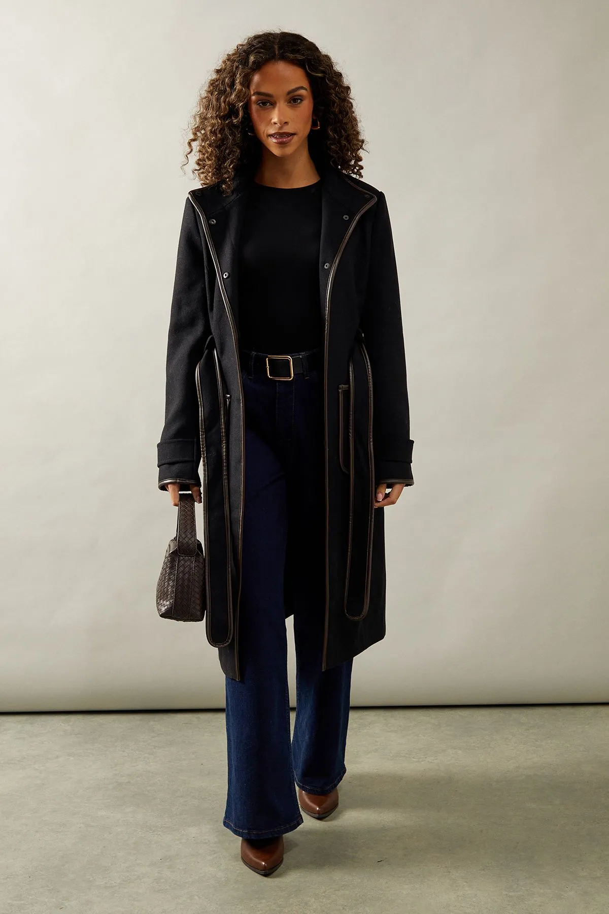 Belted Faux Leather Piped Coat