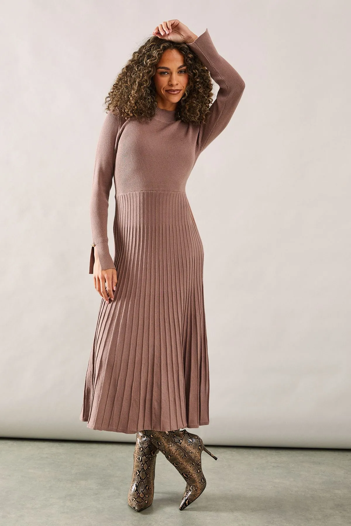 Button Cuff Detail High Neck Pleated Knitted Midaxi Dress