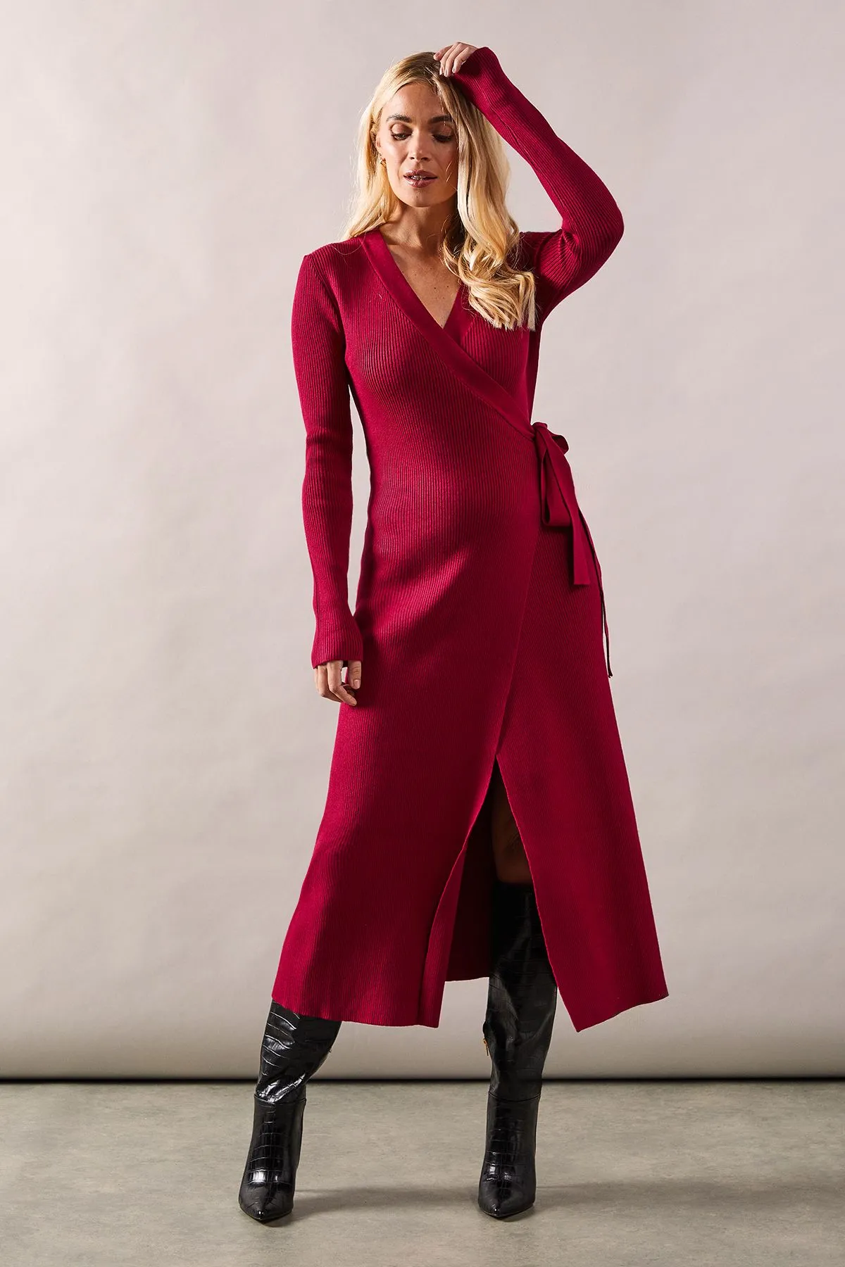 Petite Wrap Belted Knitted Midi Dress