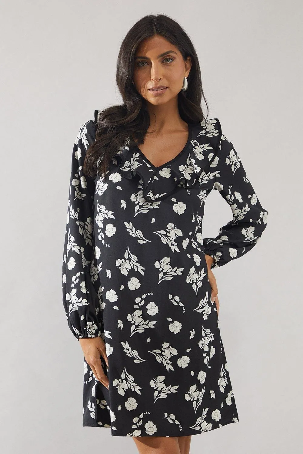Mono Floral Contrast Frill Shift Dress