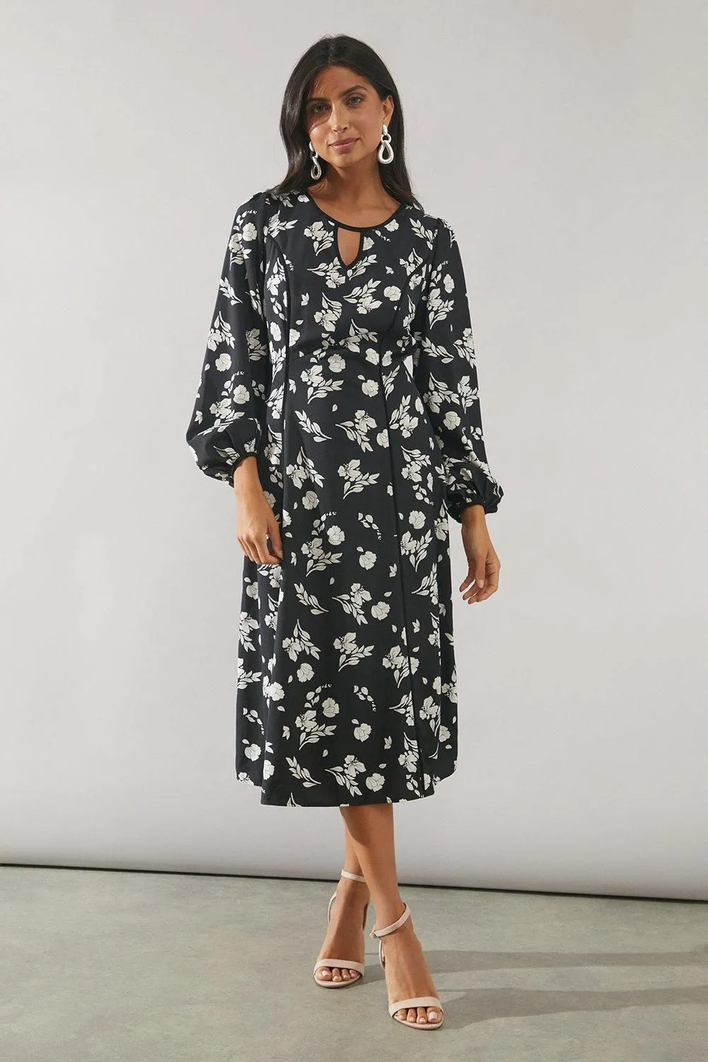 Mono Floral Contrast Detail Midi Dress