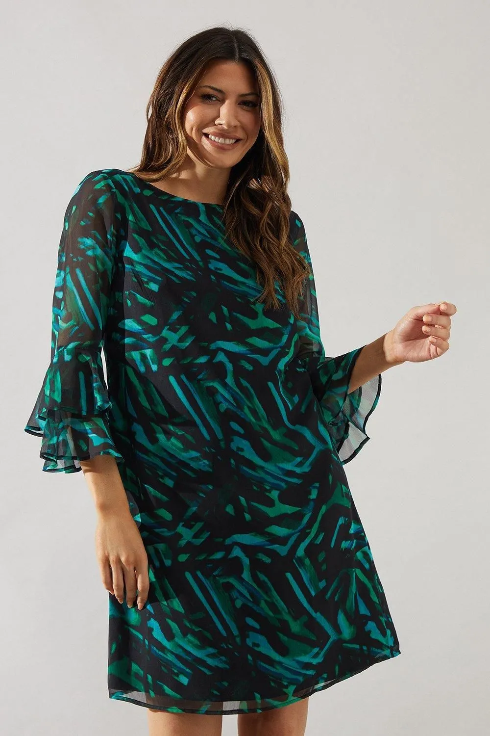 Green Abstract Print Flute Sleeve Shift Dress