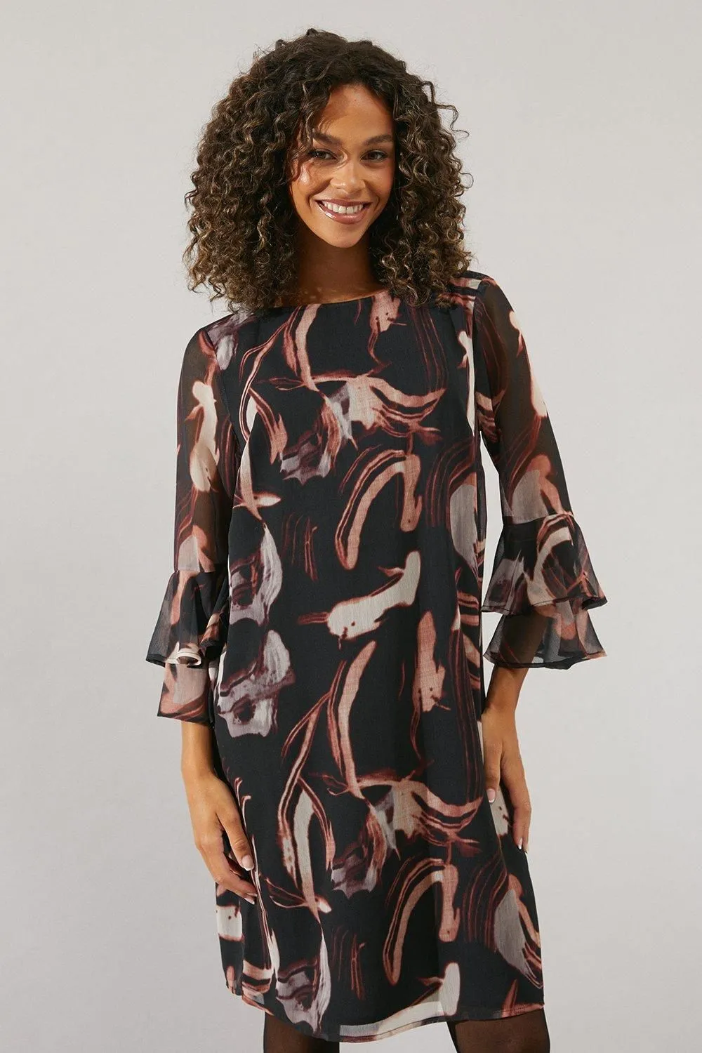 Neutral Swirl Print Flute Sleeve Shift Dress
