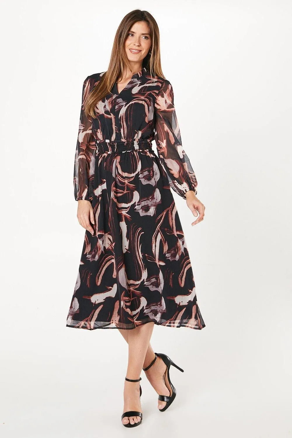 Neutral Swirl Print Shirred Waist Midi Dress