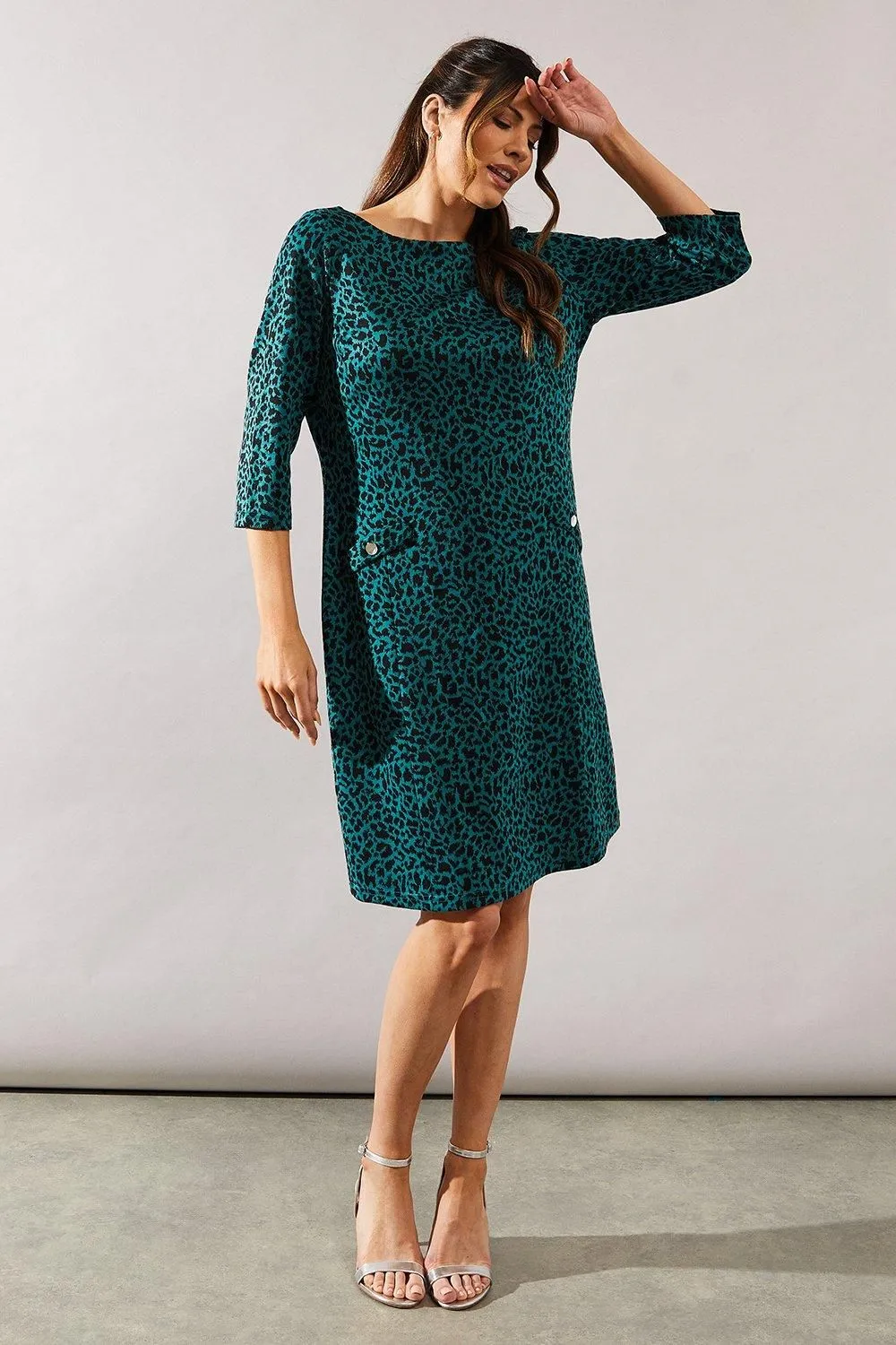 Green Leopard Jacquard Ponte Shift Dress