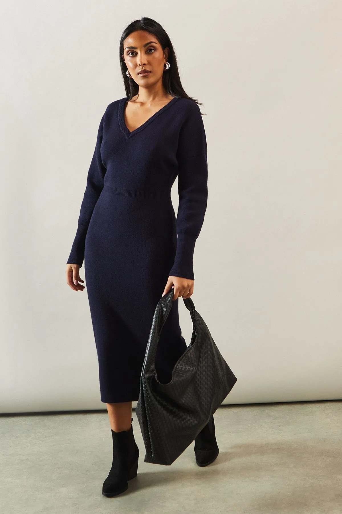 Petite V Neck Batwing Midi Jumper Dress