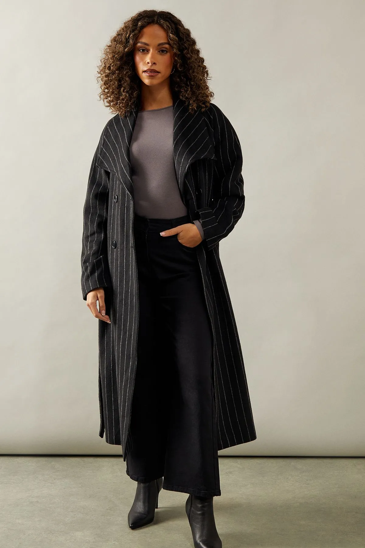 Pinstripe Shawl Collar Belted Coat