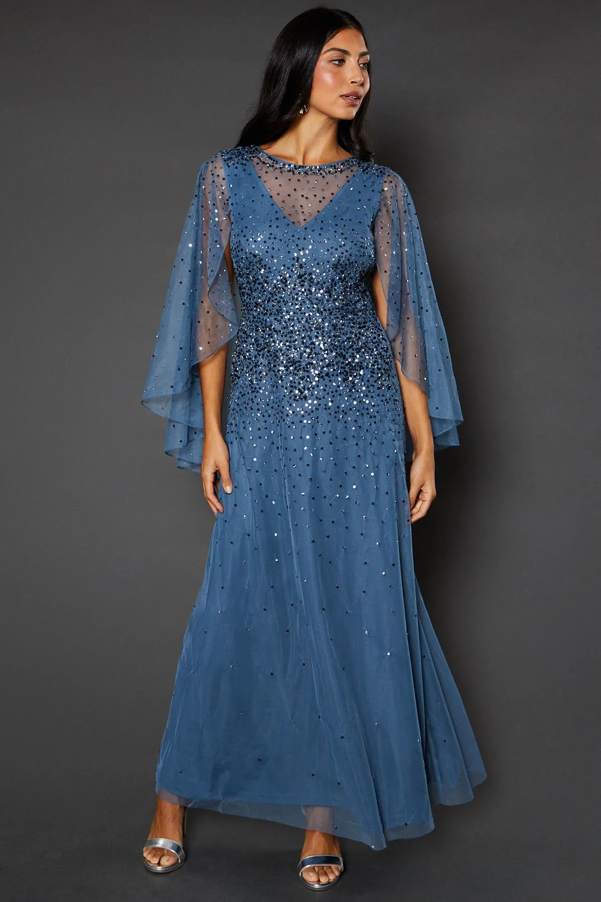 Occasion Premium Embellished Sequin Cape Maxi Dress