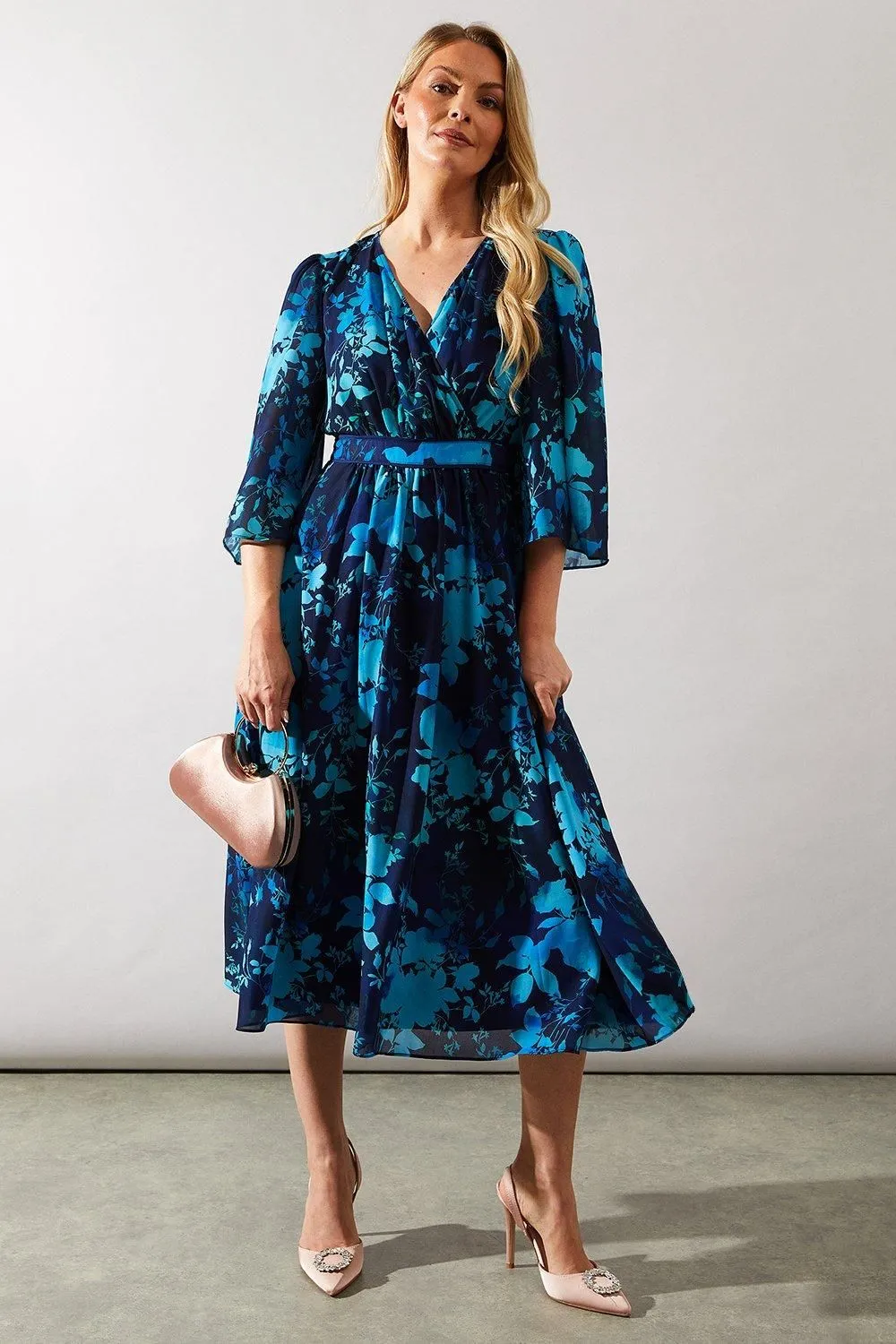 Occasion Floral Cape Sleeve Midi Dress