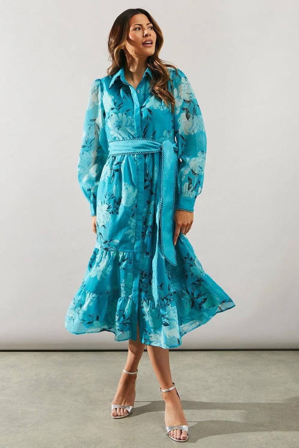 Occasion Floral Organza Tiered Shirt Dress