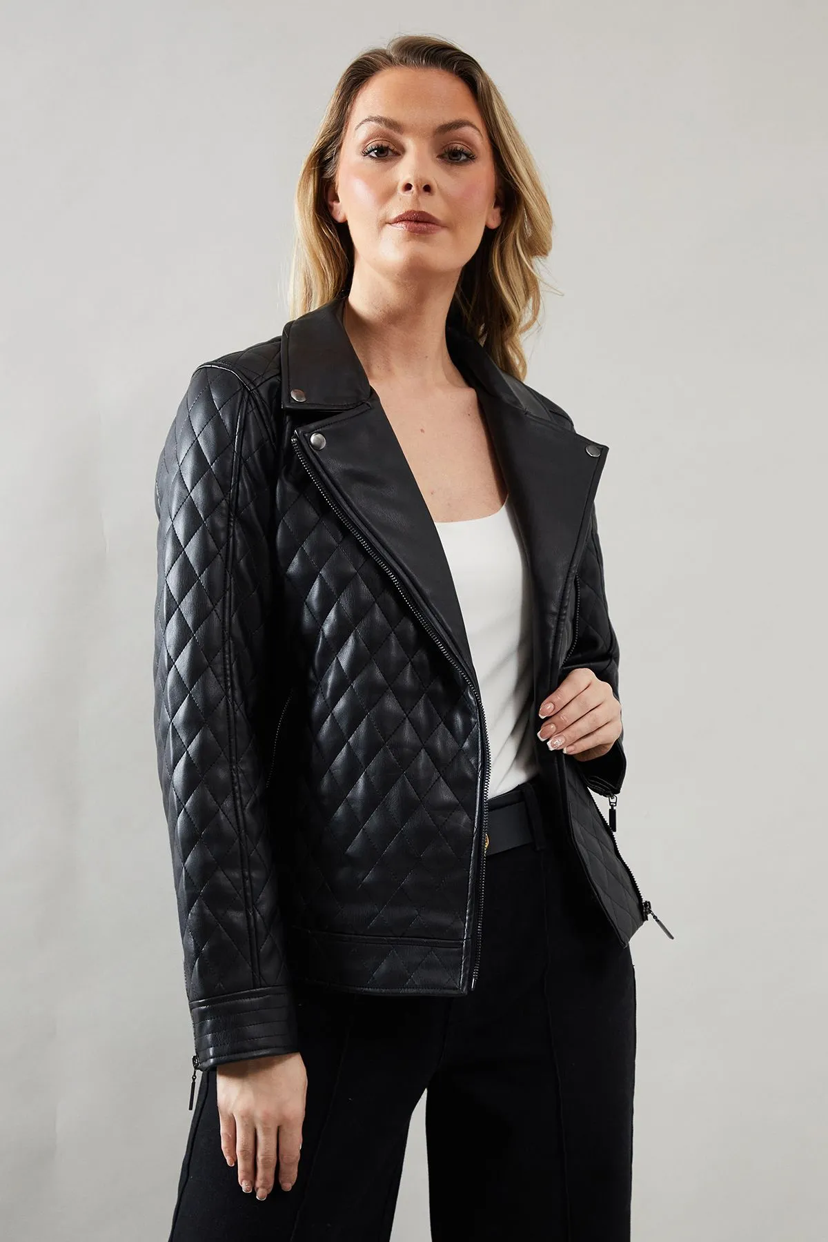 Quilted Detail Zip Through Biker Jacket