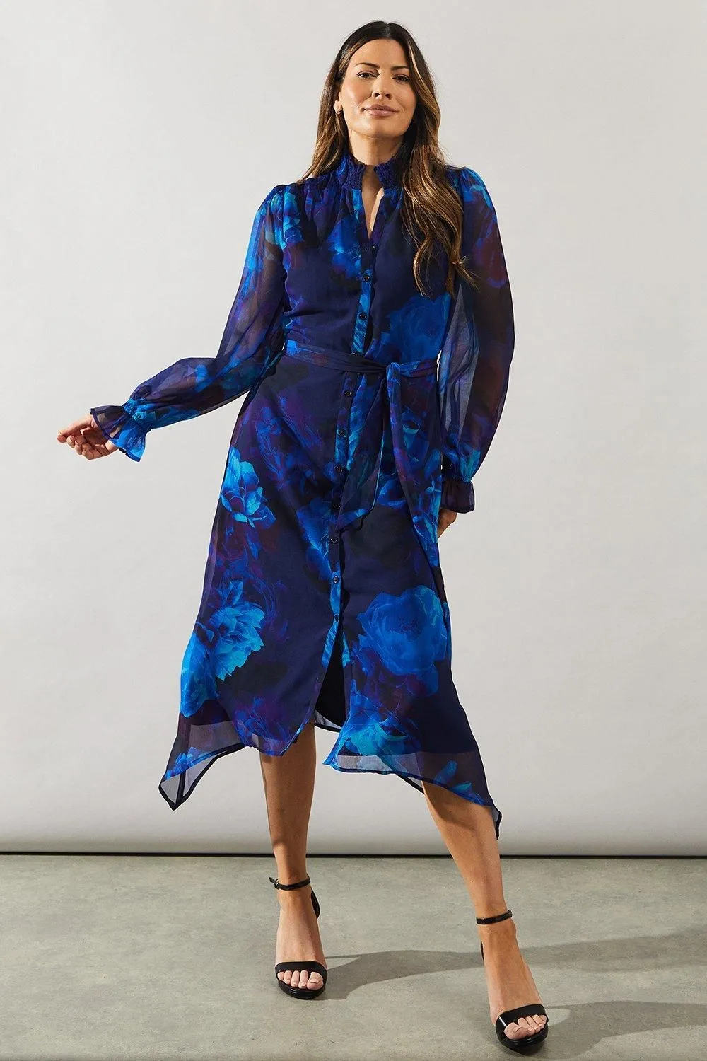 Digital Floral Print Hankey Hem Shirt Dress