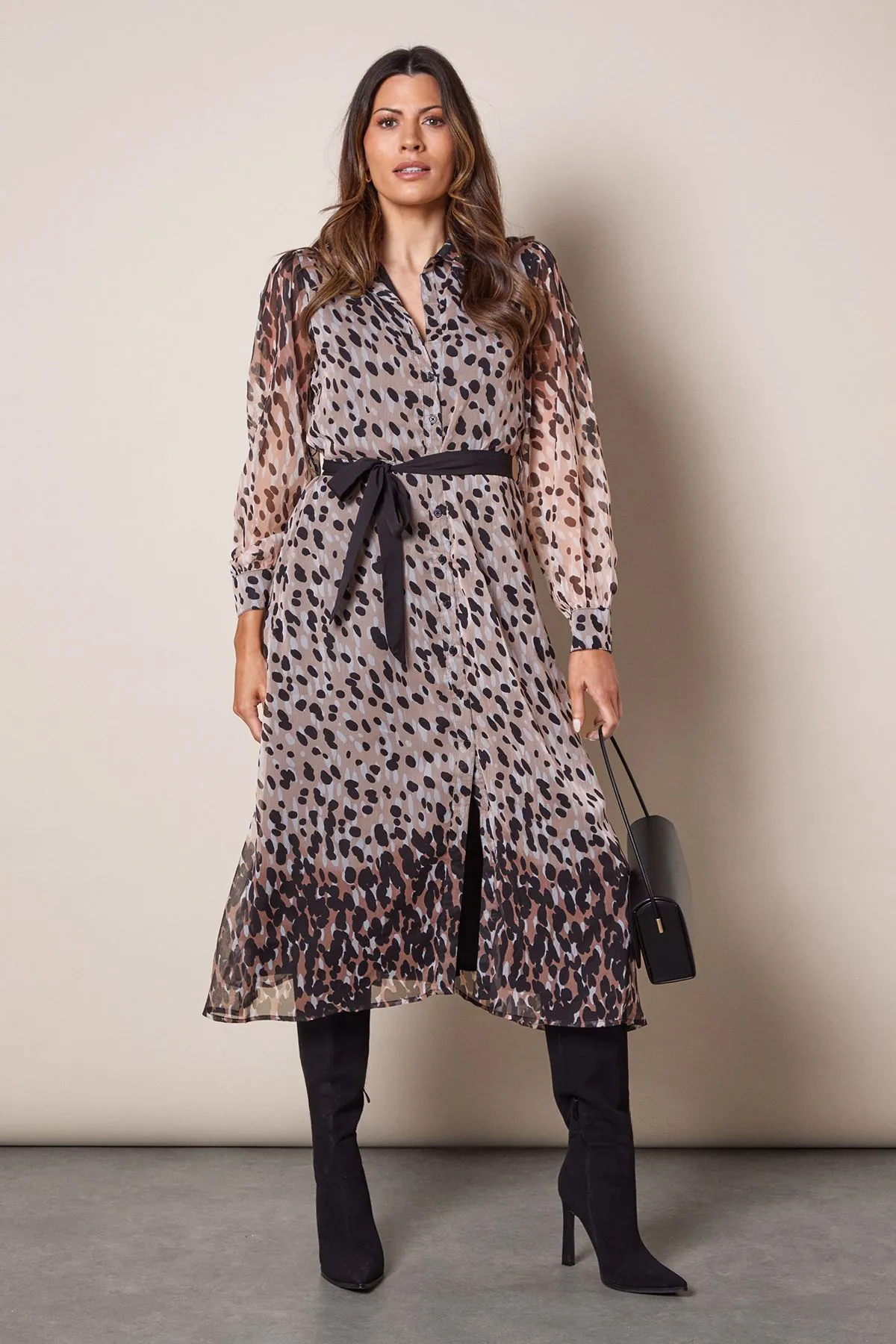 Spot Border Print Belted Shirt Dress