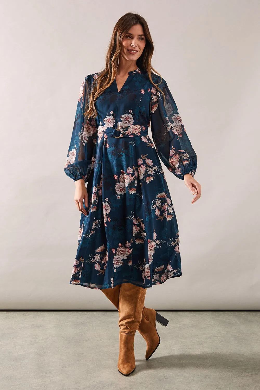 Teal Blossom Print Belt Detail Midi Dress