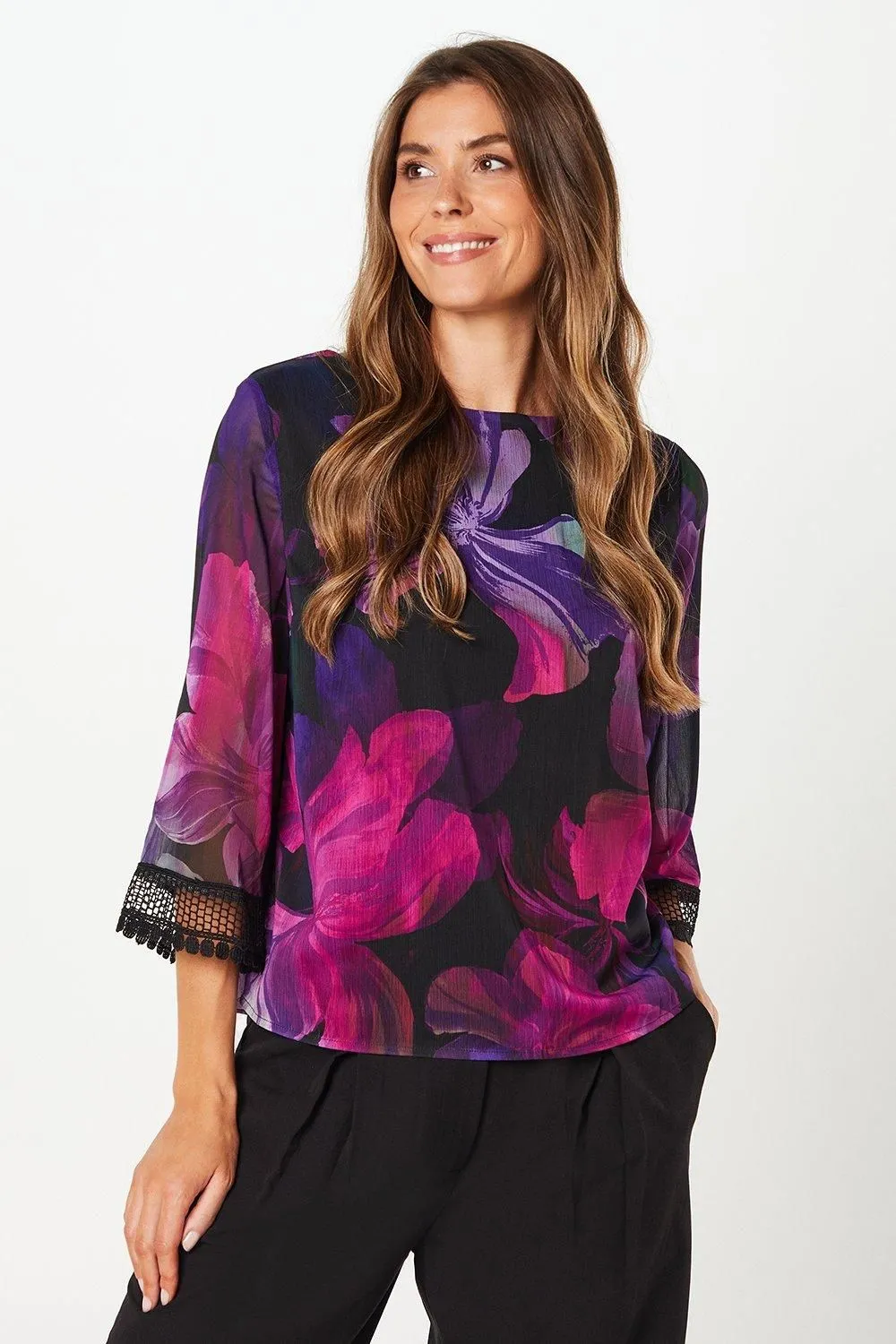 Floral Lace Cuff Overlay Top