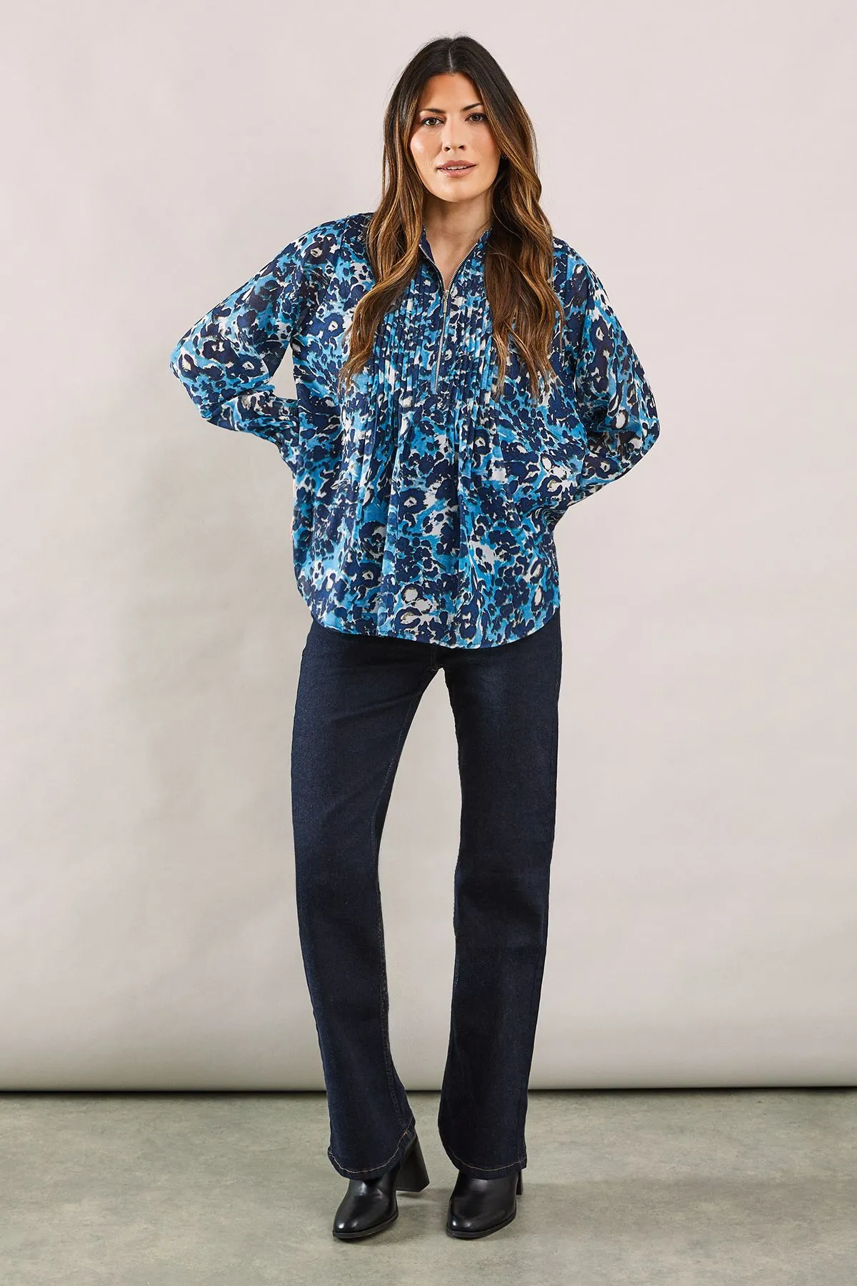 Blue Animal Pleat Zip Blouse