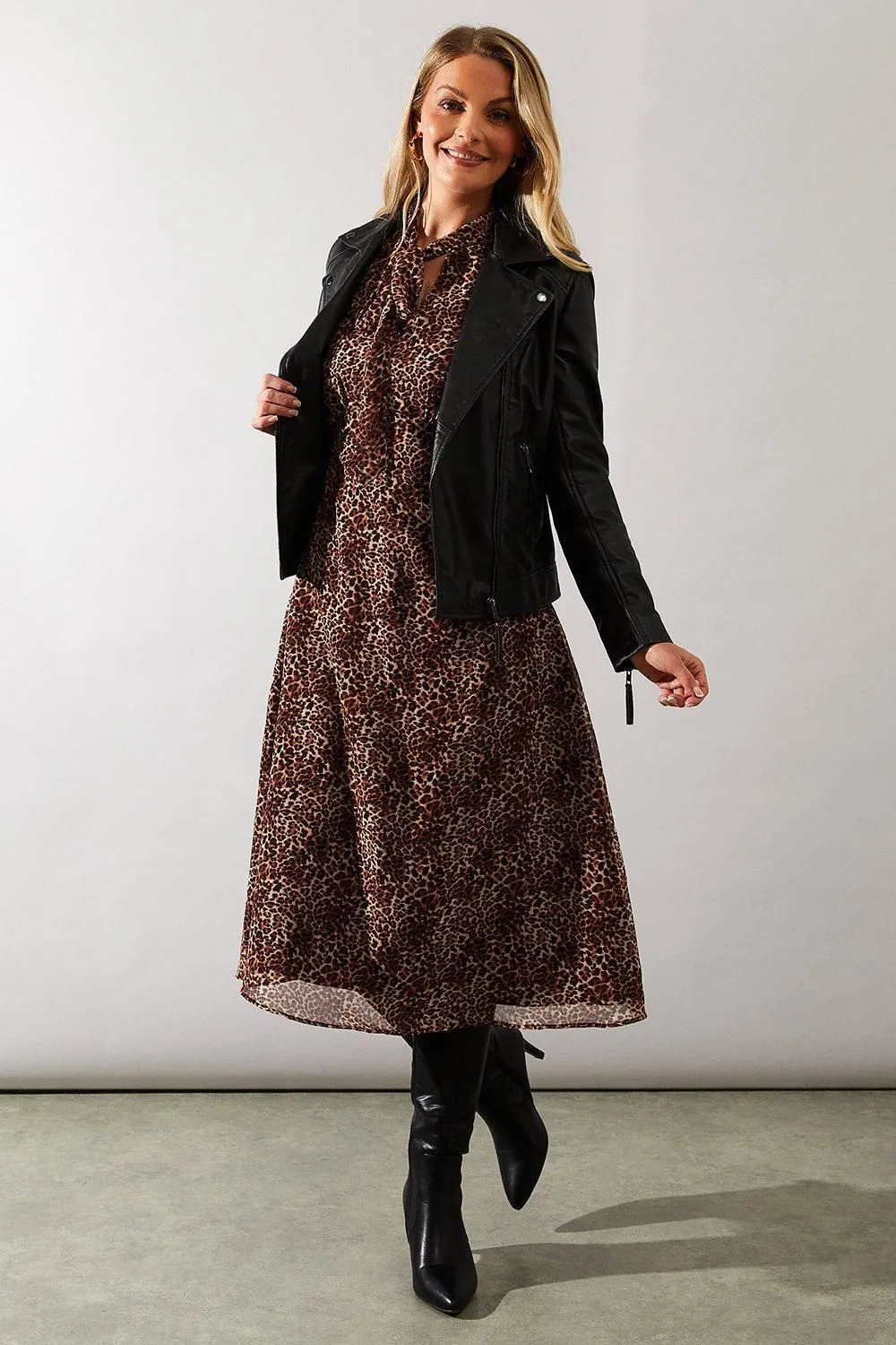 Leopard Tie Neck Midi Dress