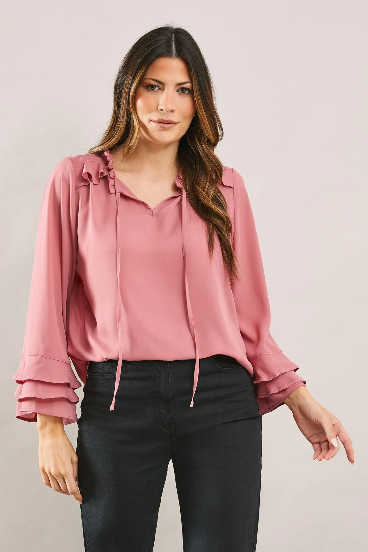 Ruffle Detail Tie Neck Blouse