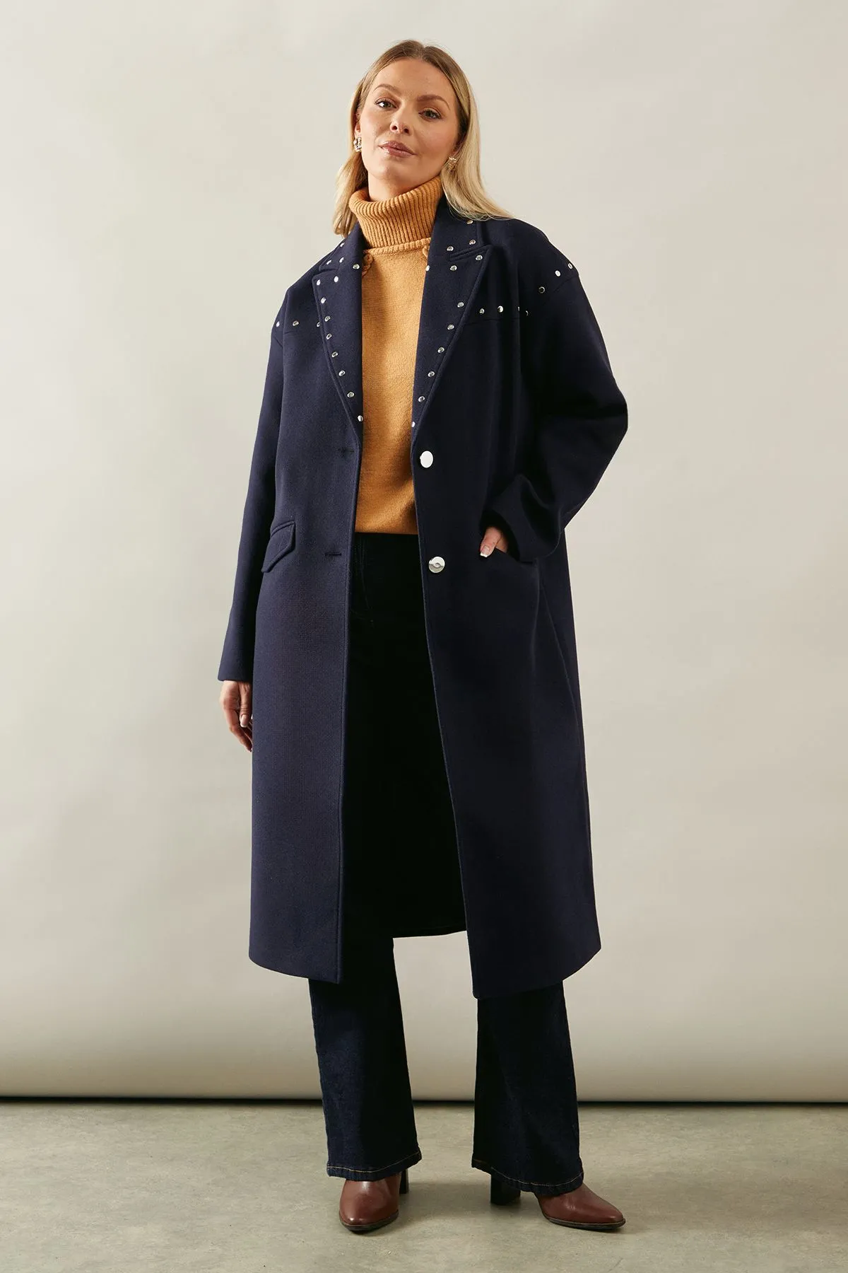 Stud Detail Single Breasted Midi Coat