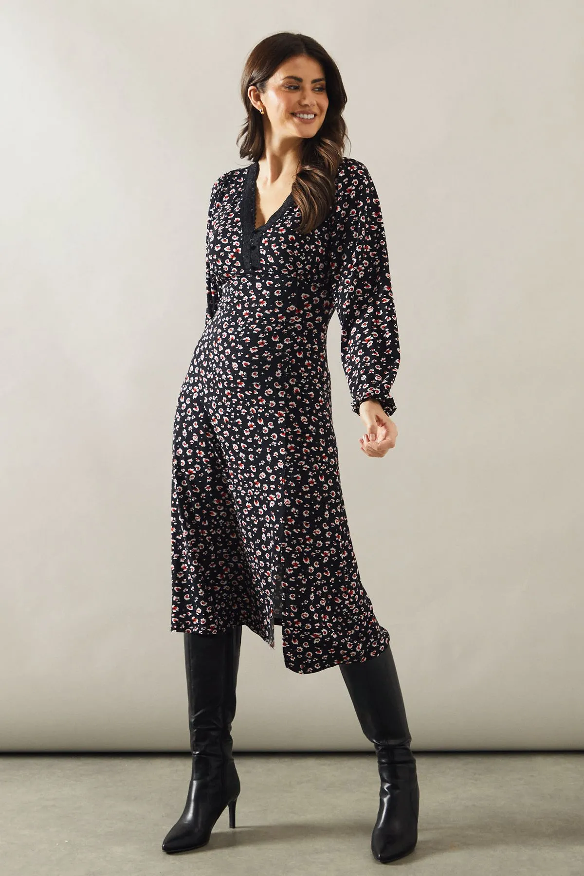 Floral Animal Print Lace Trim Jersey Midi Dress