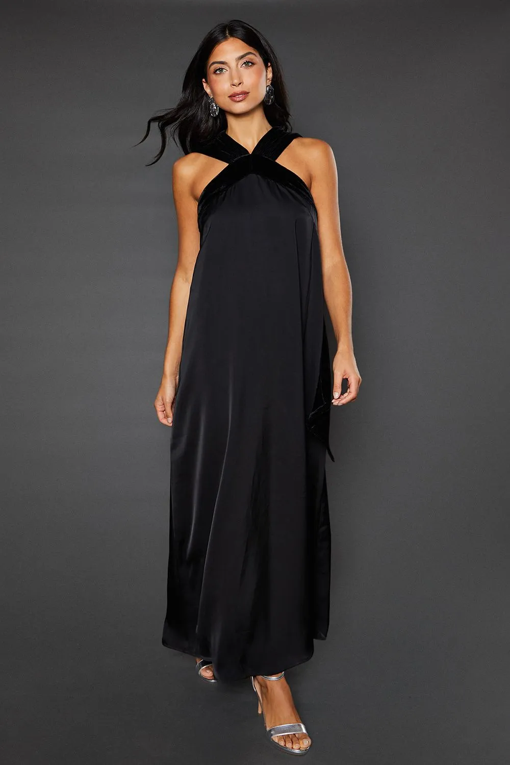 Velvet Halterneck Satin Maxi Dress