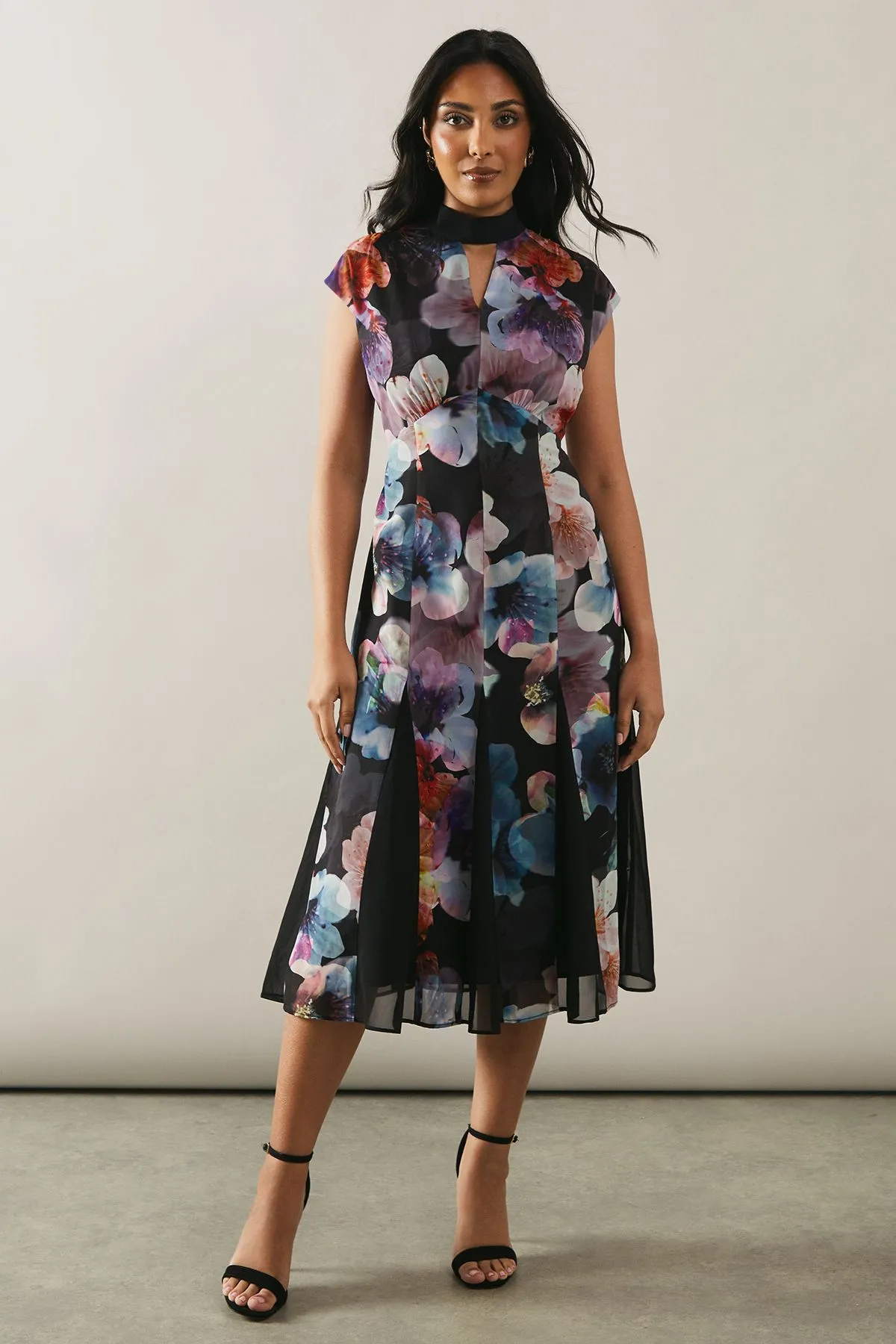 Petite Printed Tie Neck Godet Midi Dress