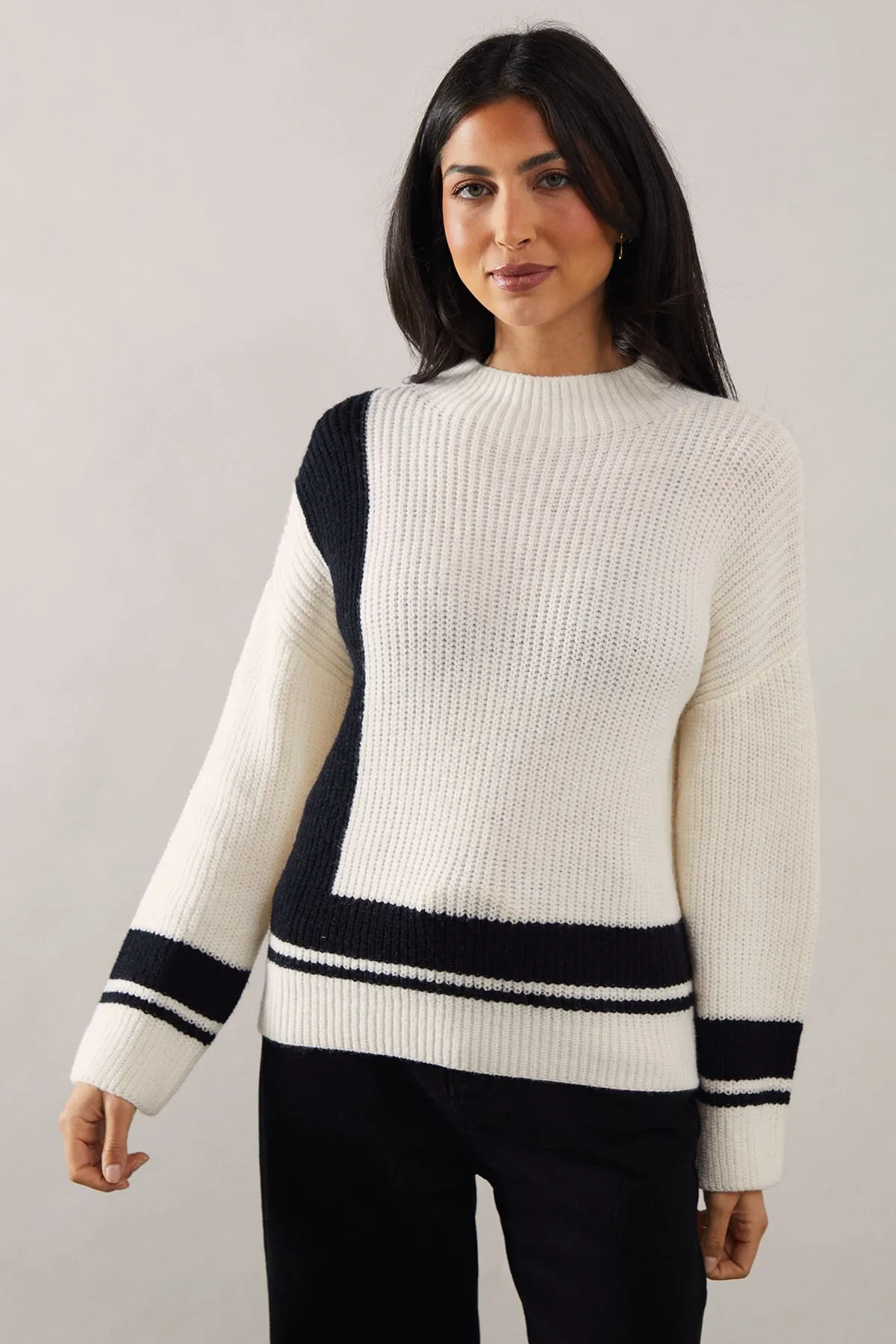 Colourblock Stripe Detail High Neck Jumper