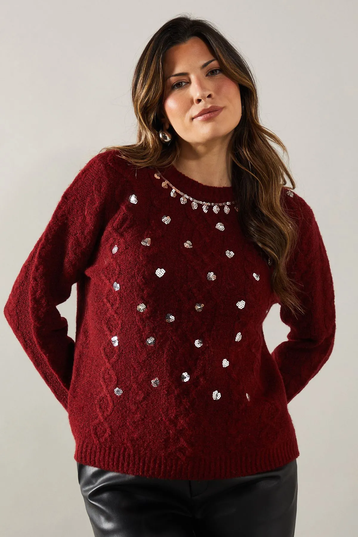 Sequin Detail Crew Neck Cable Knit Jumper