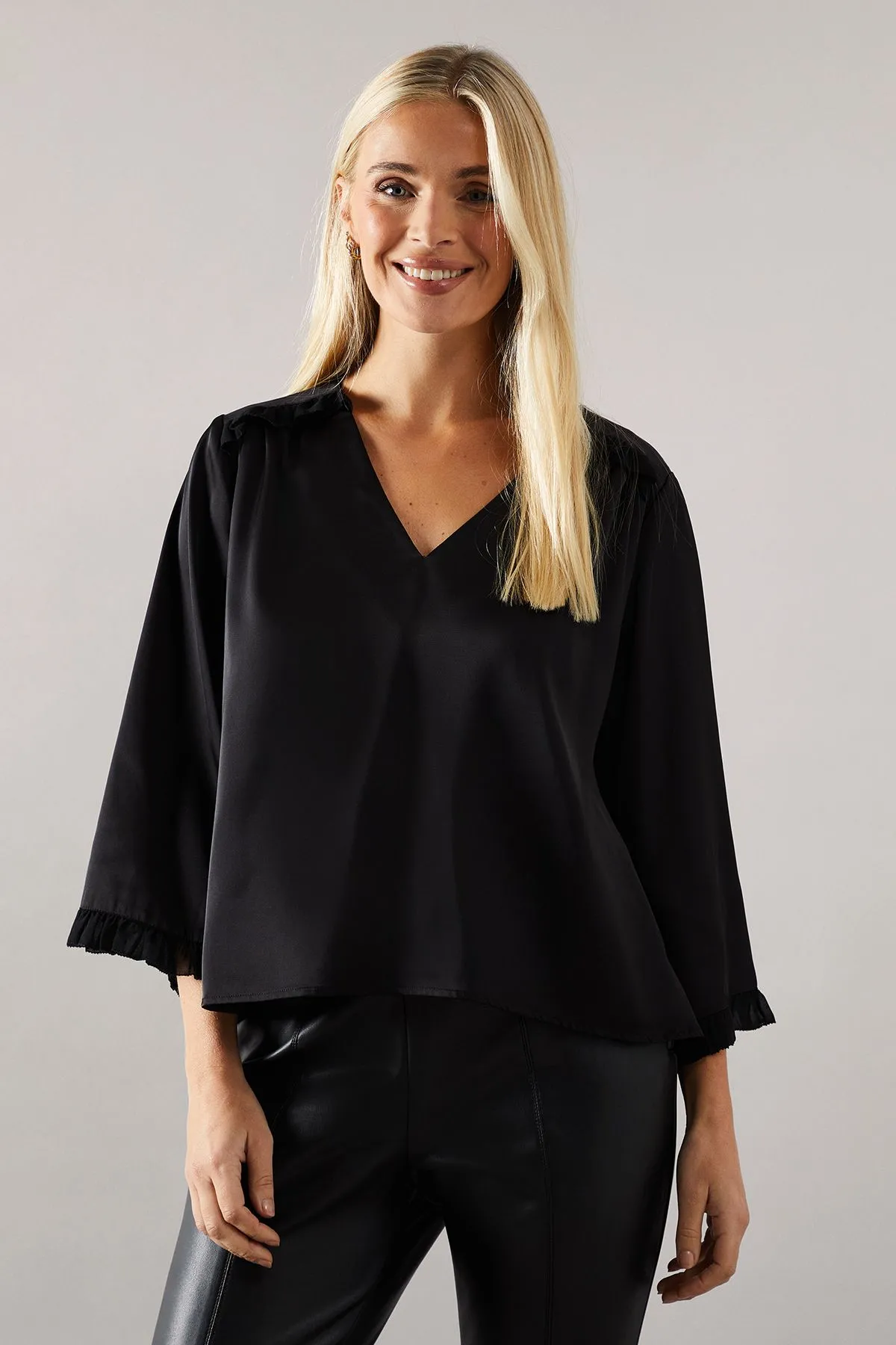 Petite Satin Flute Sleeve Frill Detail Blouse