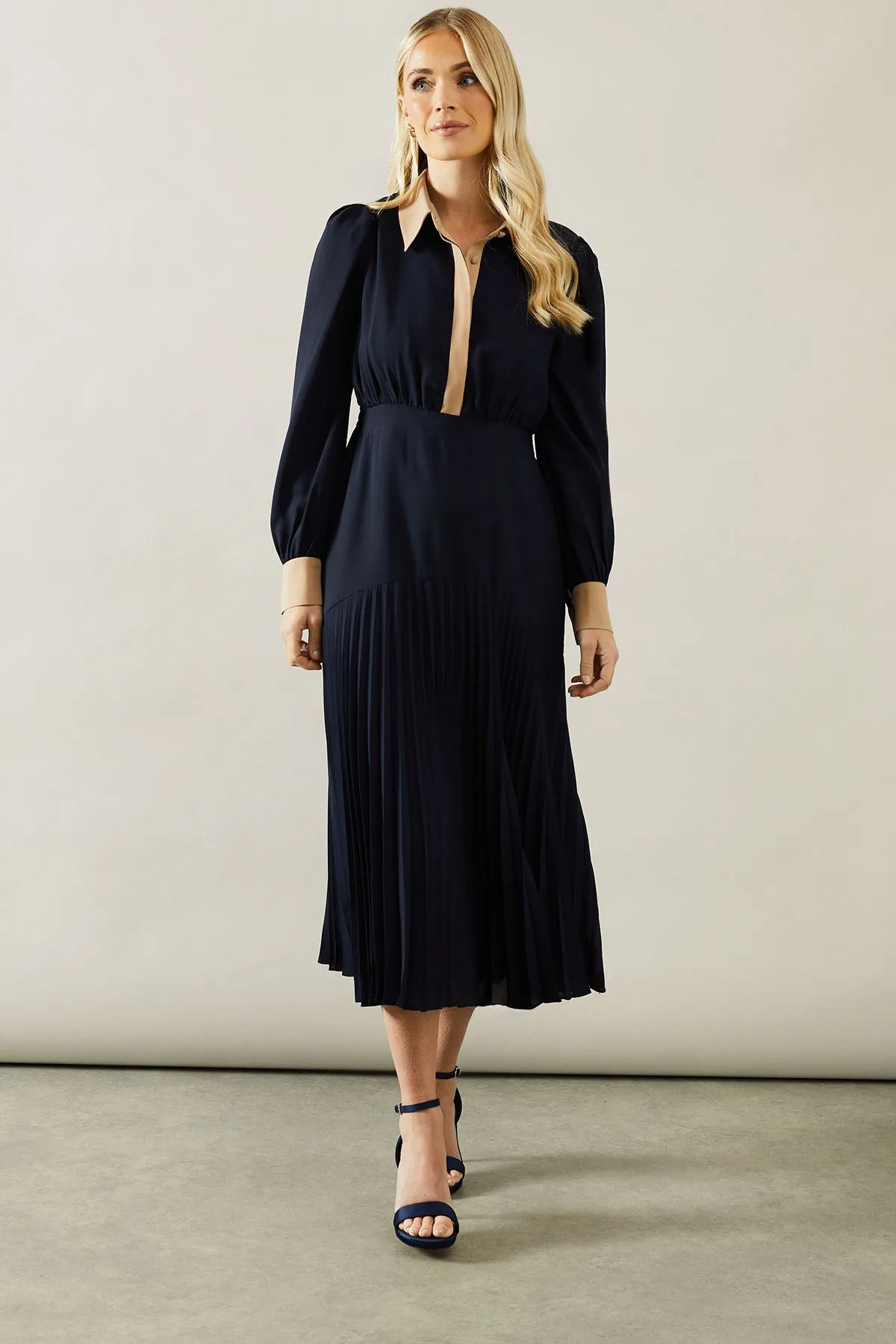 Petite Contrast Collar Pleated Shirt Midi Dress