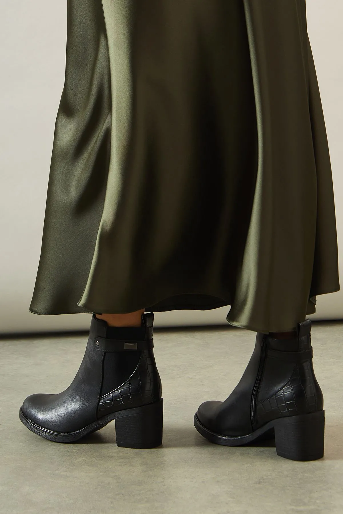 Merida Faux Leather Mid Block Heel Chelsea Ankle Boots