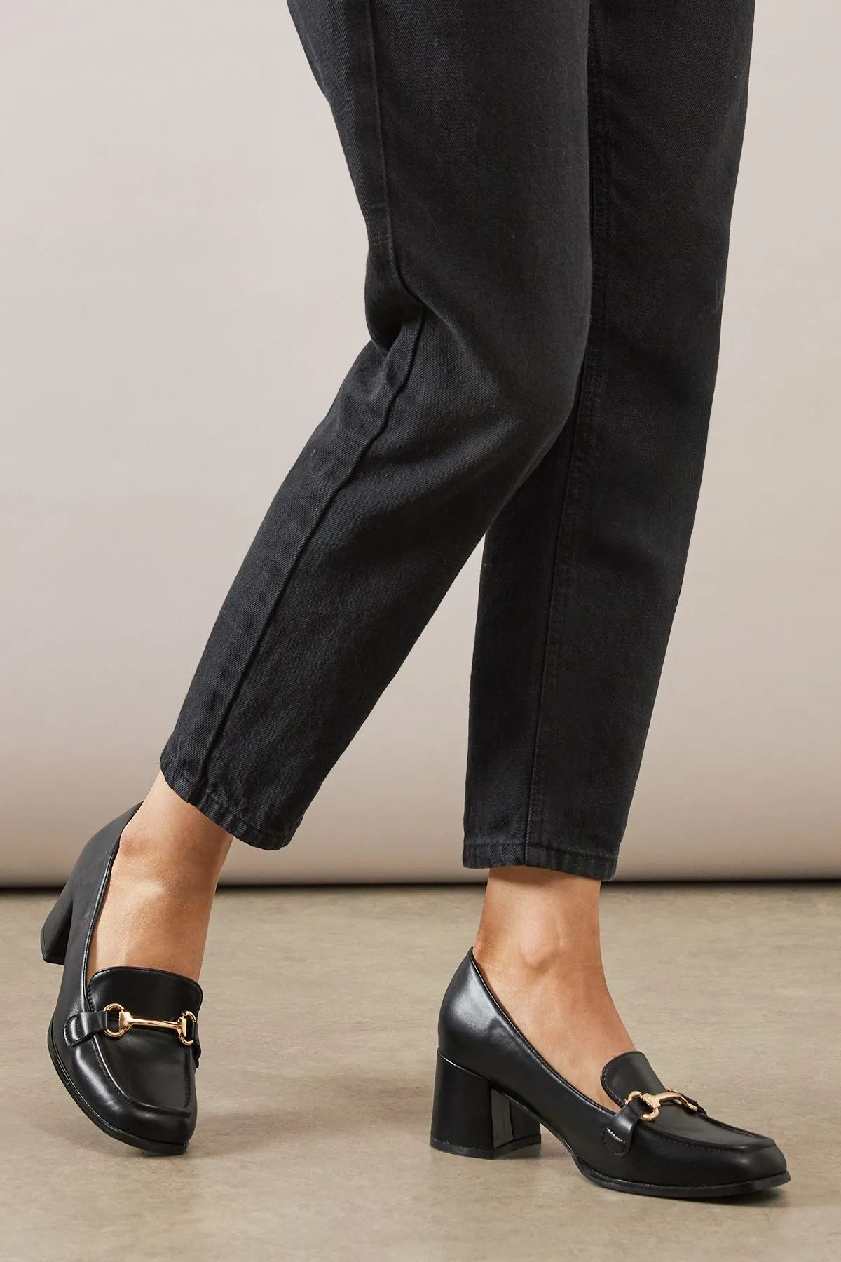 Belva Faux Leather Metal Snaffle Detail Medium Block Heel Loafers