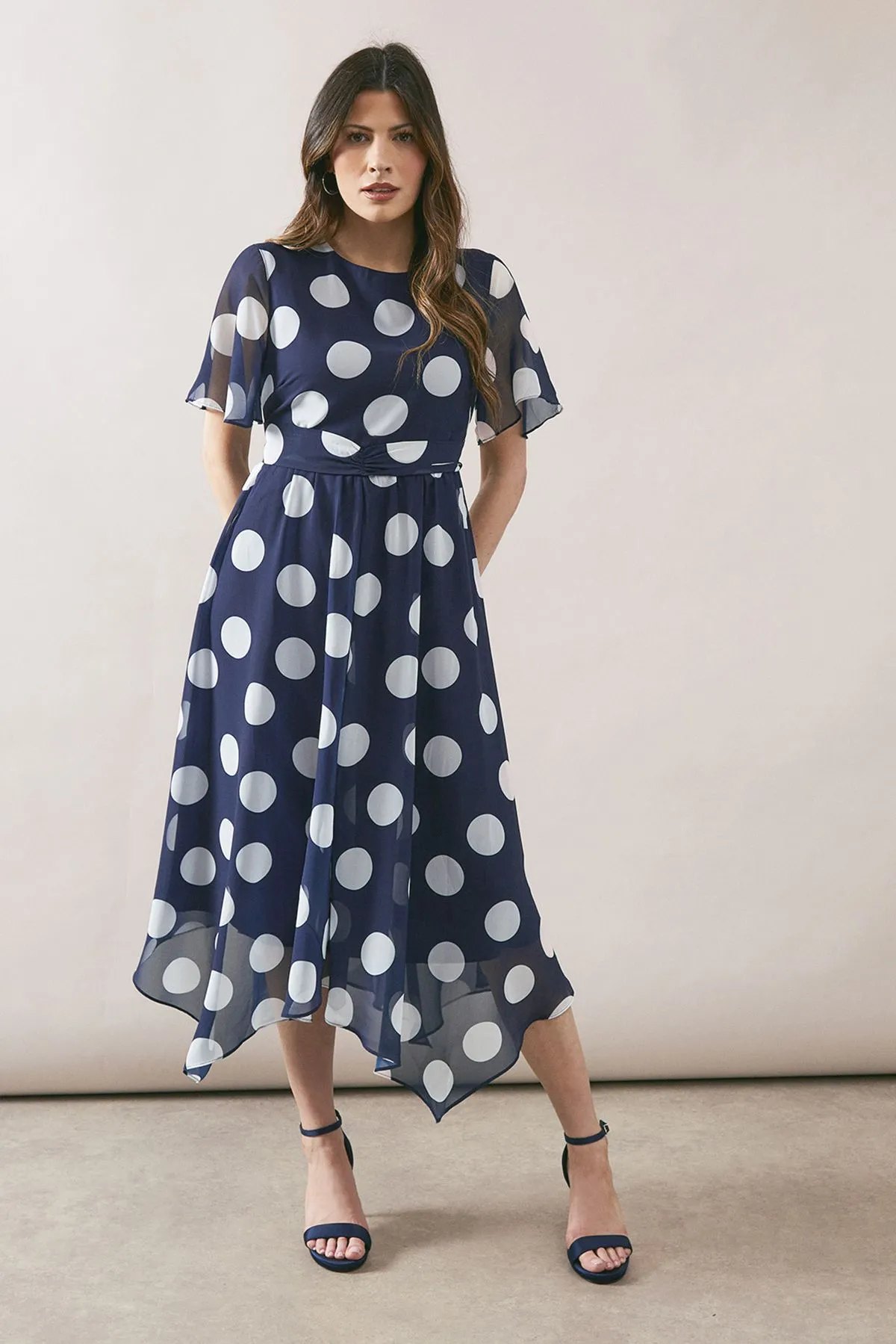 Navy Spot Twist Front Chiffon Midi Dress