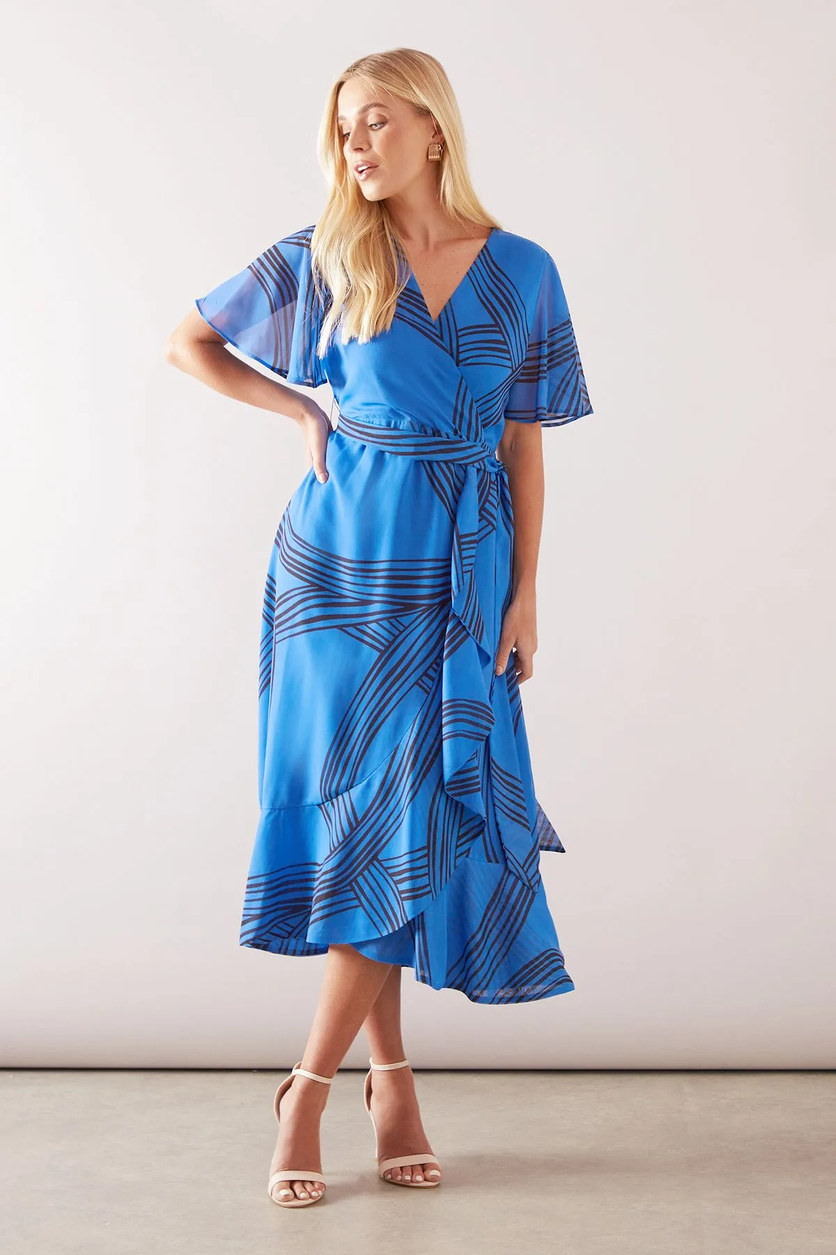 Petite Geo Ruffle Wrap Belted Chiffon Midi Dress