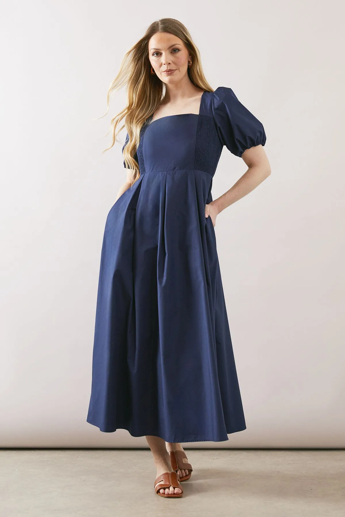 Puff Sleeve Cotton Fit & Flare Midi Dress
