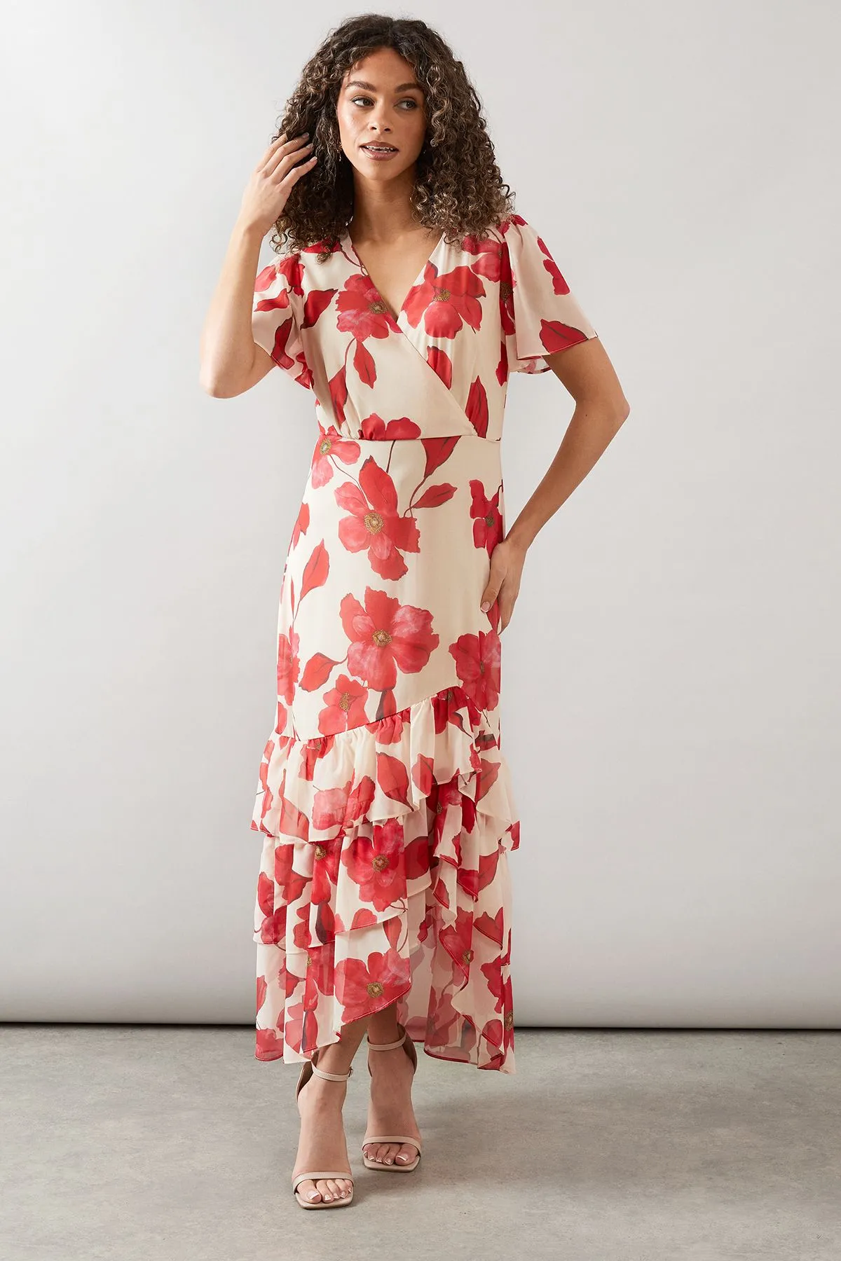 Floral Frill Hem Chiffon Maxi Dress
