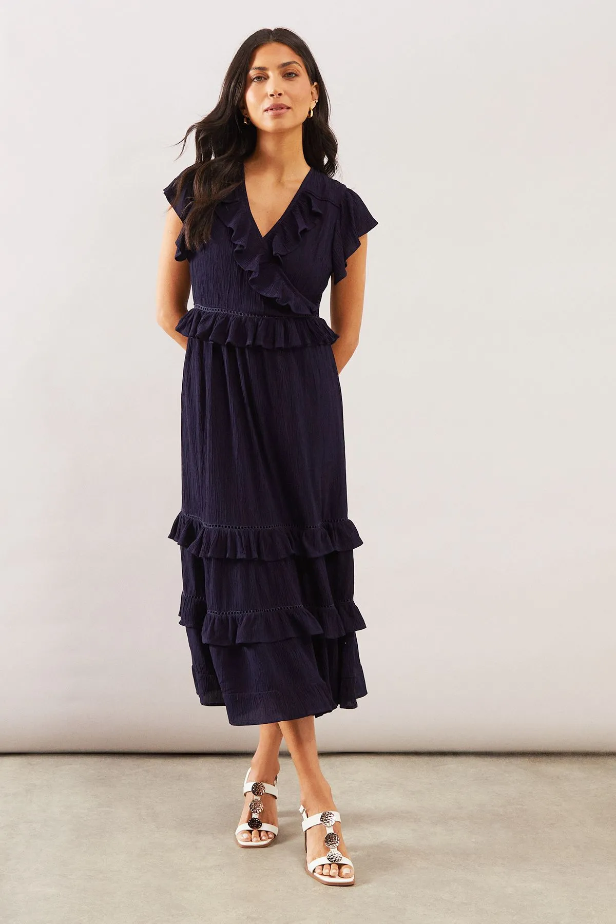 Crinkle Cheesecloth Ruffle Midi Dress