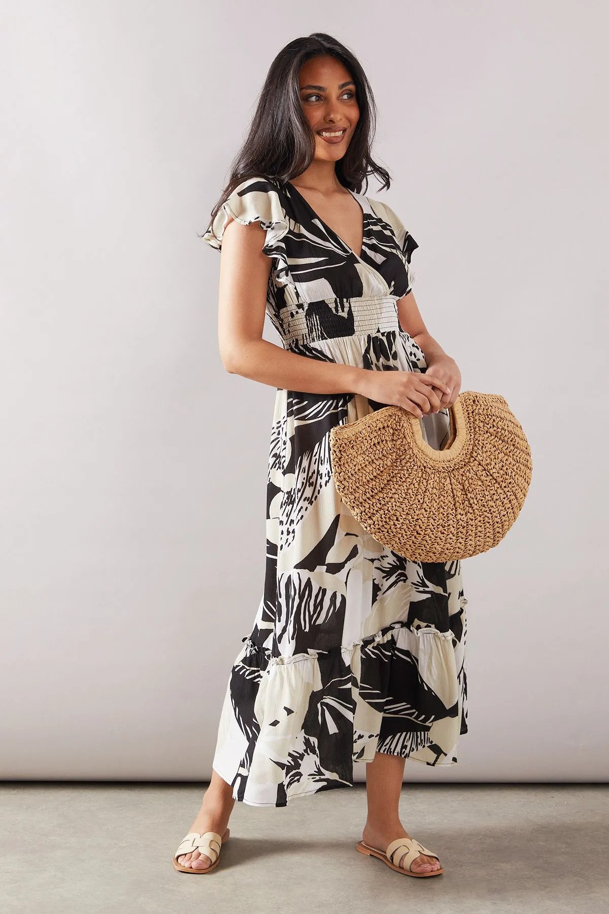 Petite Ruffle Sleeve Shirred Waist Midaxi Dress