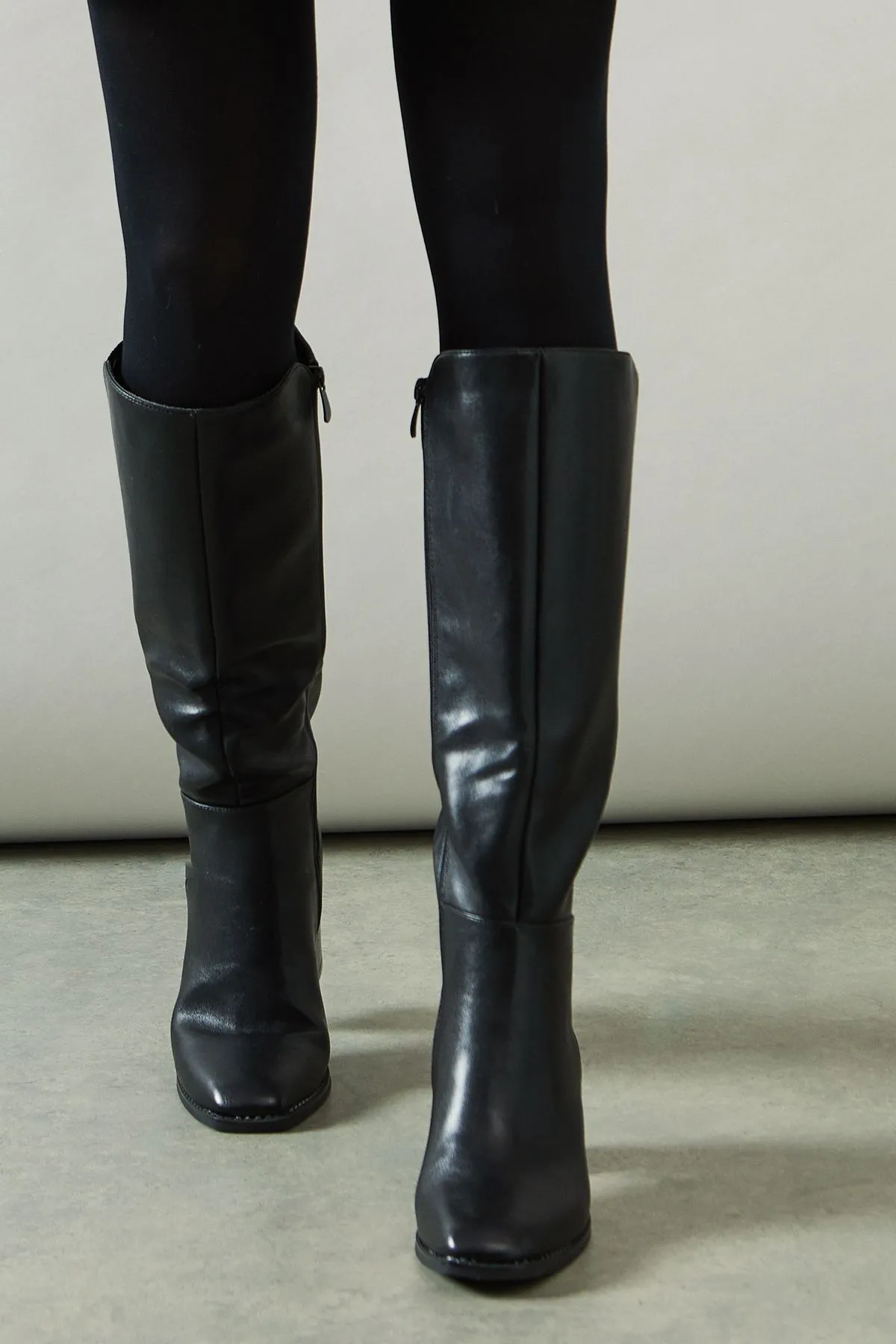 Kylene Faux Leather Back Stretch Square Toe High Block Heel Knee Boot