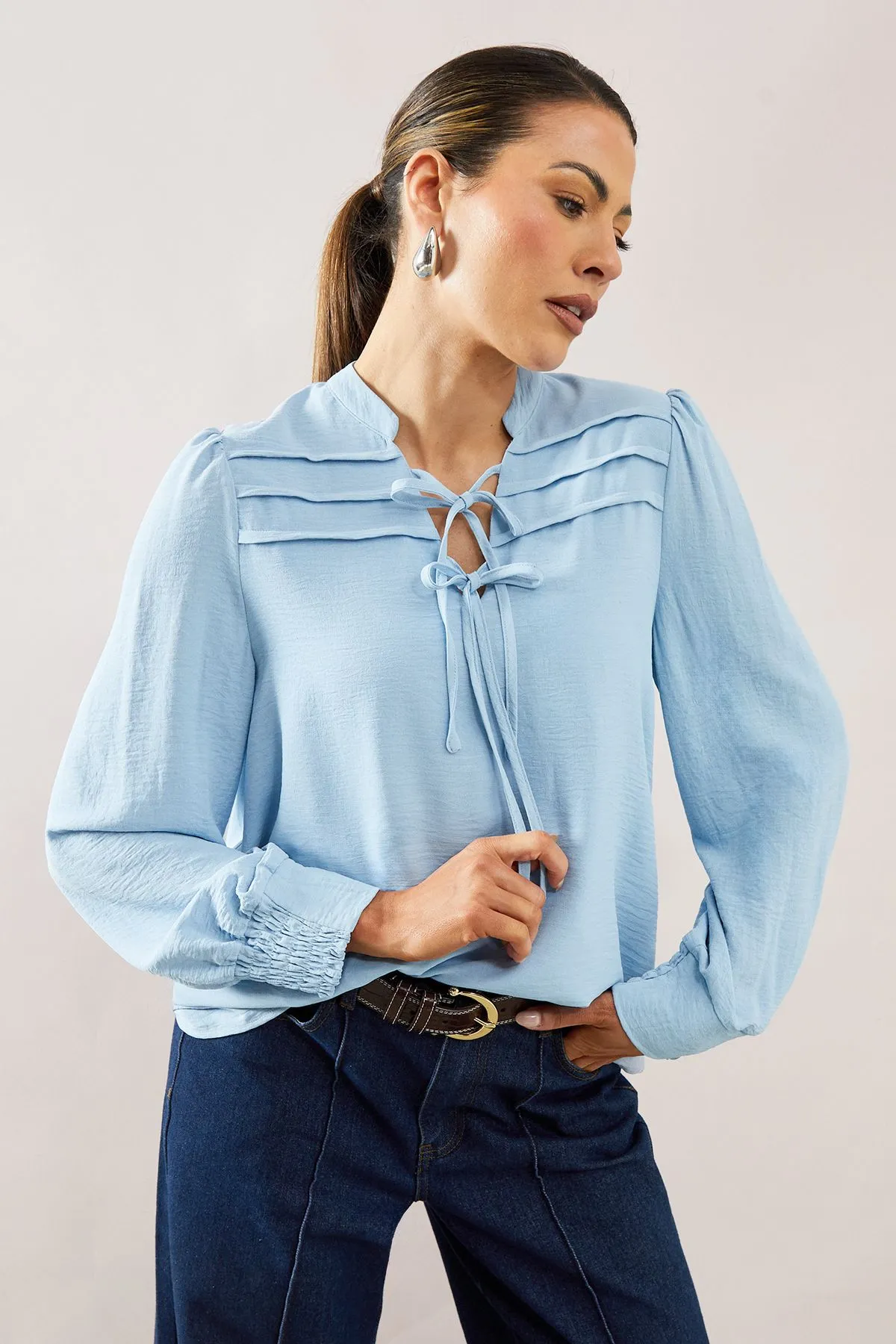 Collarless Pleat Front Blouse