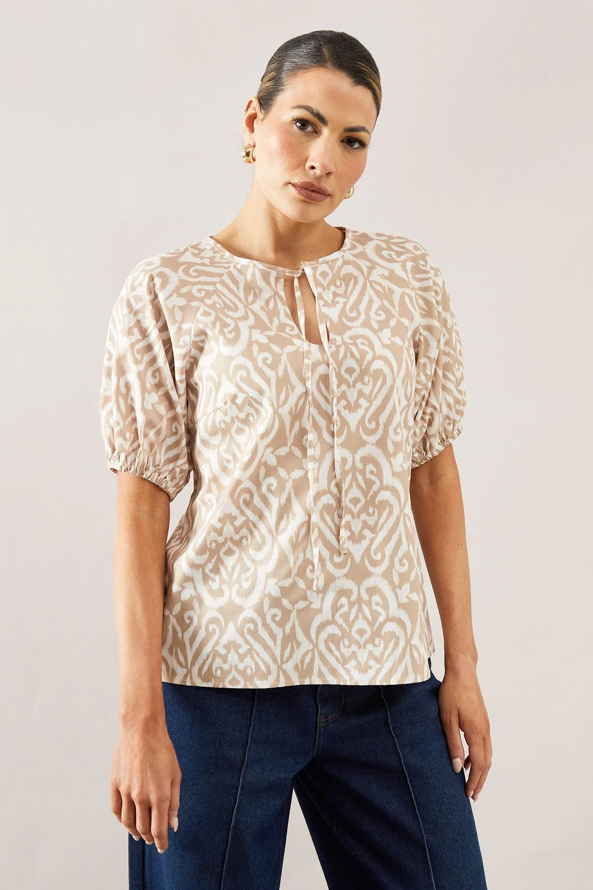 Abstract Cotton Puff Sleeve Top