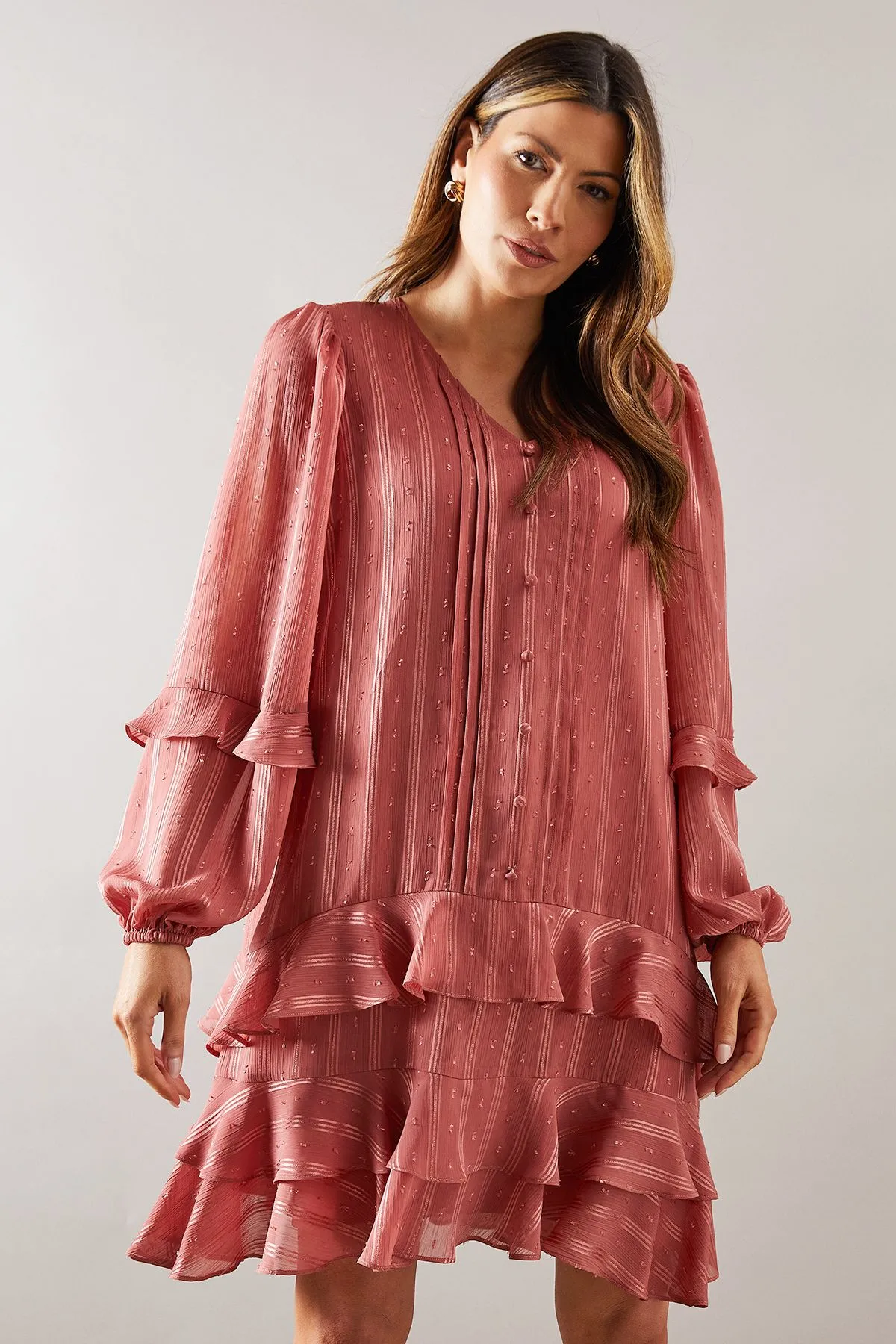 Dobby Spot Tiered Ruffle Shift Dress