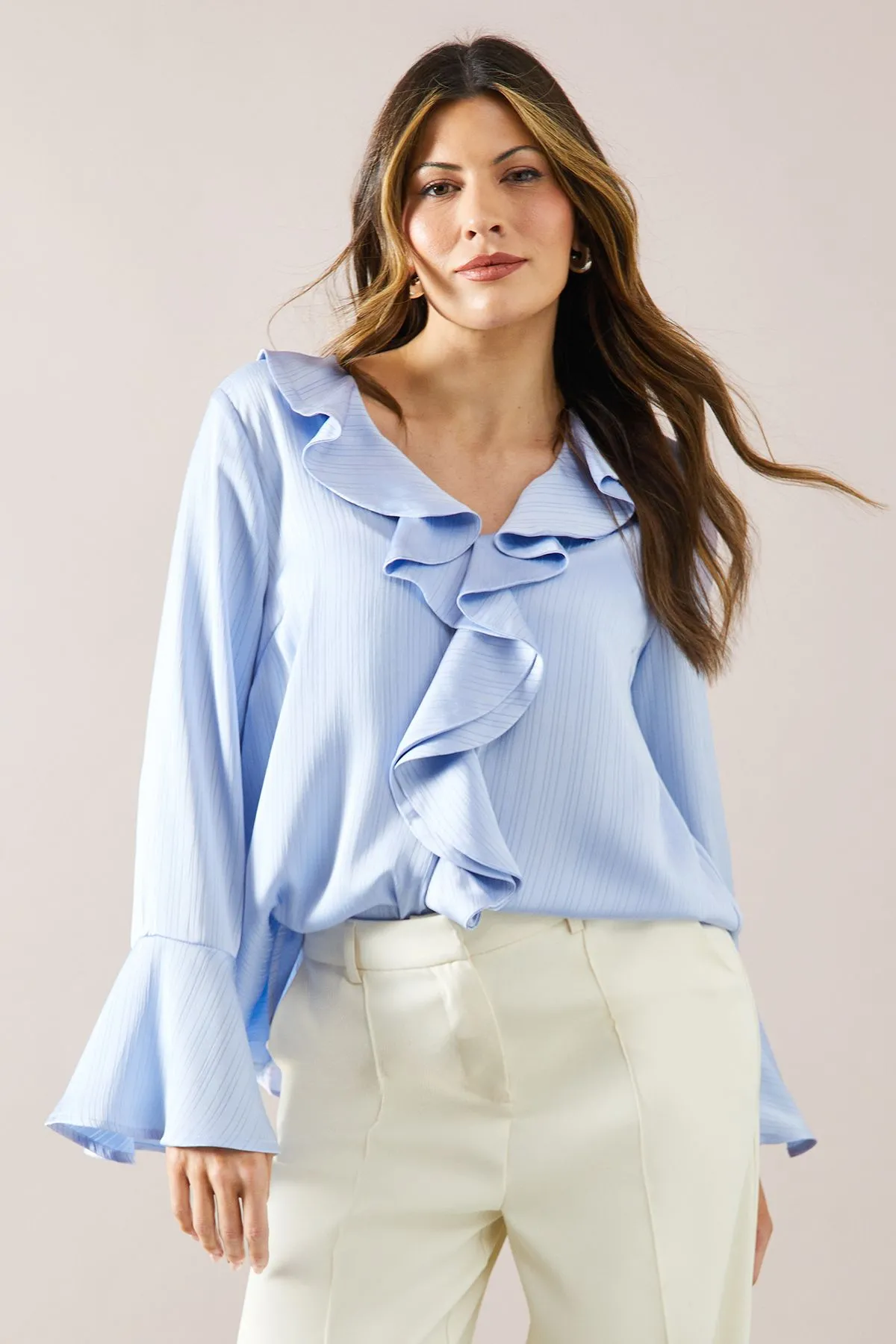 Stripe Crinkle Ruffle Sleeve Blouse