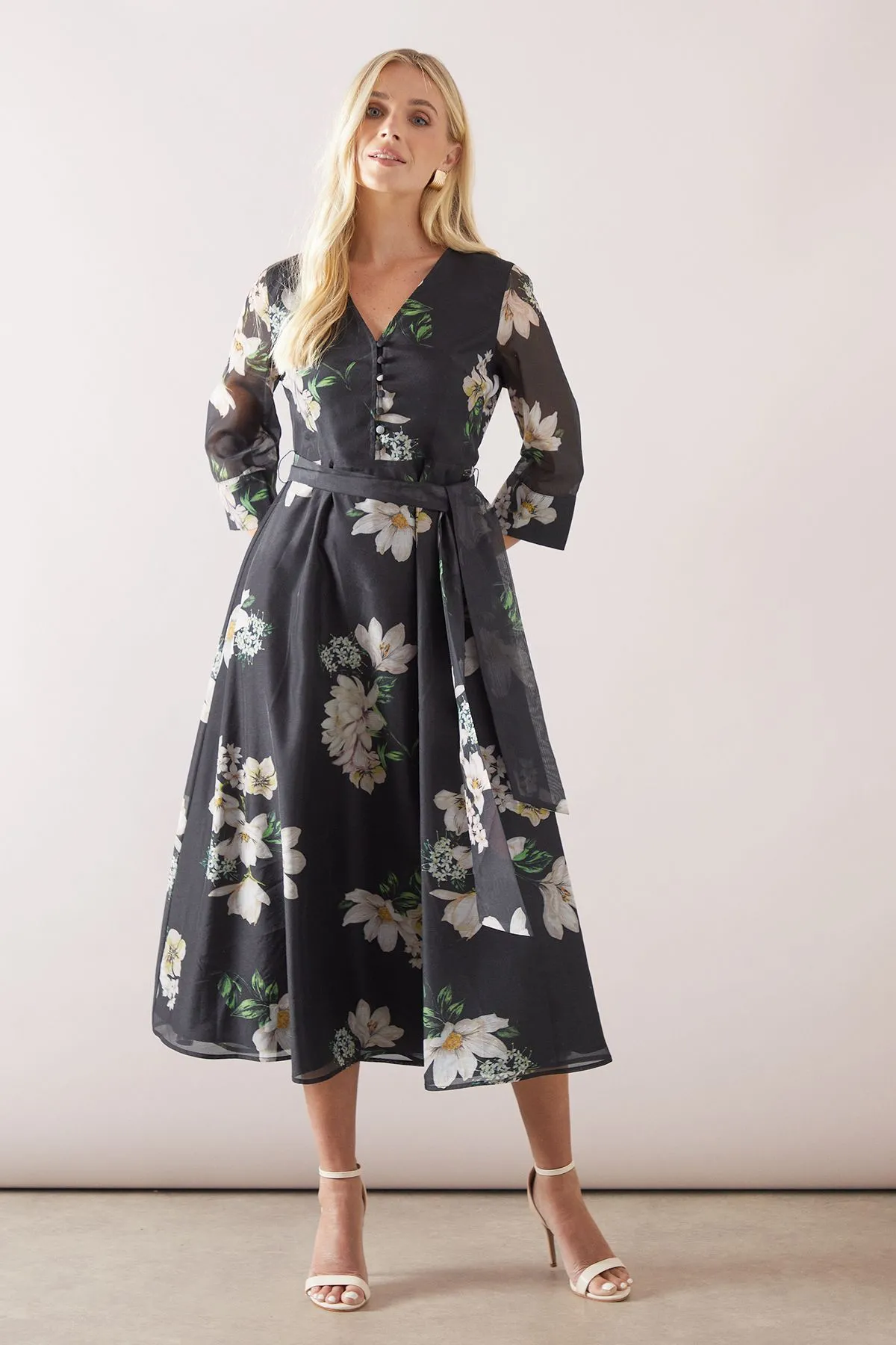 Petite Organza Floral Belted Midaxi Dress