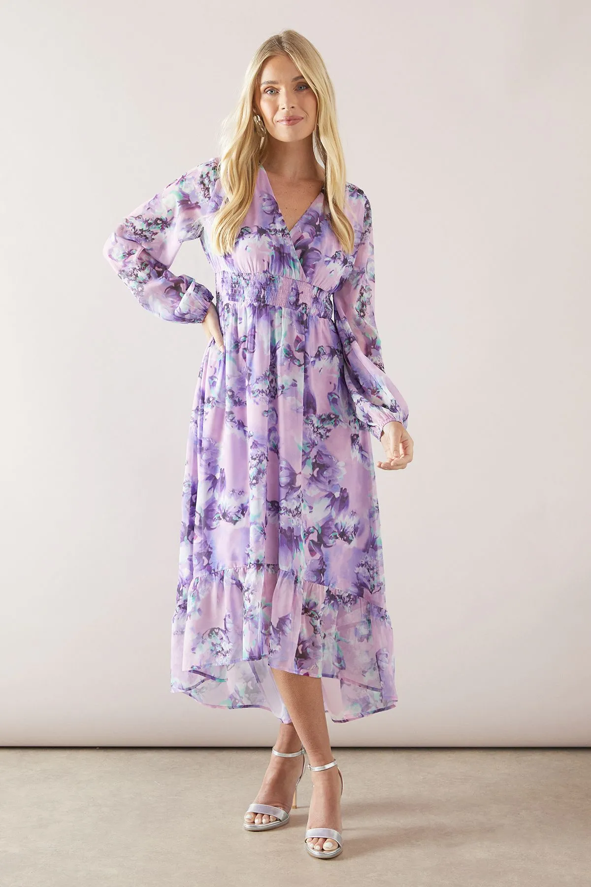 Petite Floral Shirred Waist High-Low Midi Dress